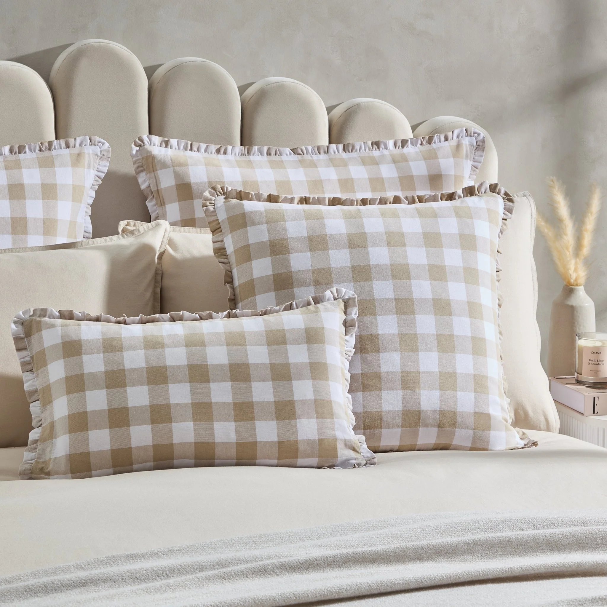 Gingham Square Frill Edge Cushion Cover - Natural