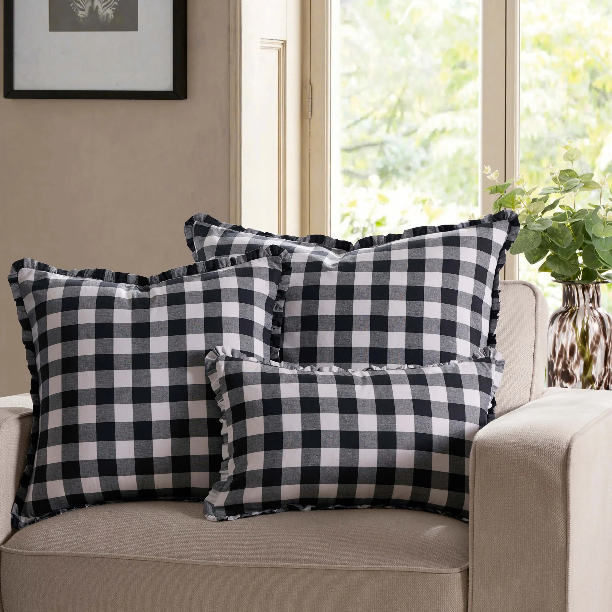 Gingham Square Frill Edge Sofa Cushion Cover - Black