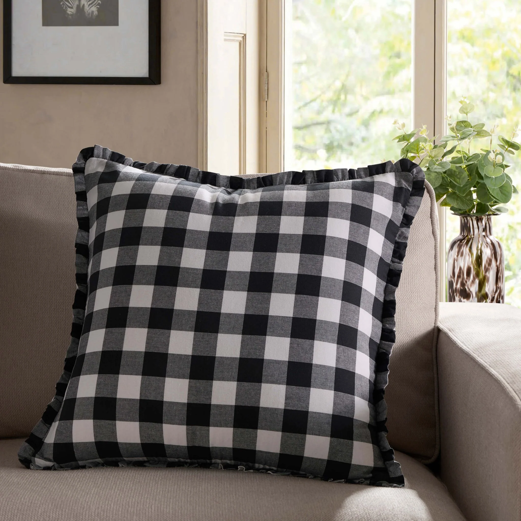 Gingham Square Frill Edge Sofa Cushion Cover - Black - Image 2