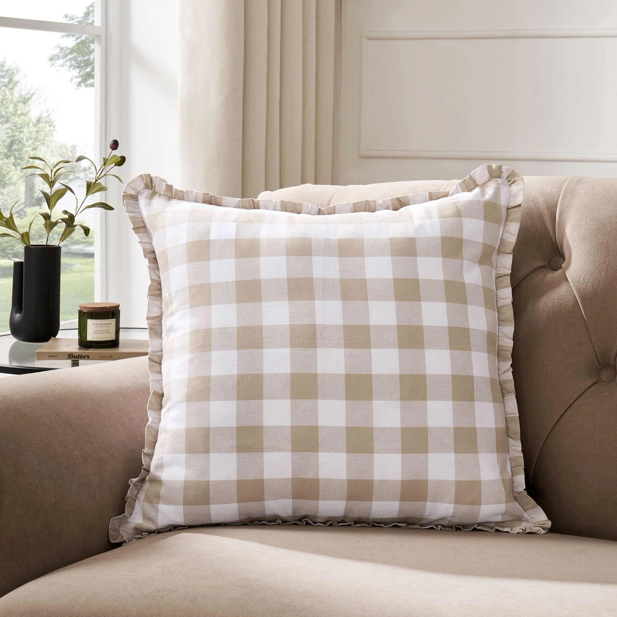 Gingham Square Frill Edge Sofa Cushion Cover - Natural