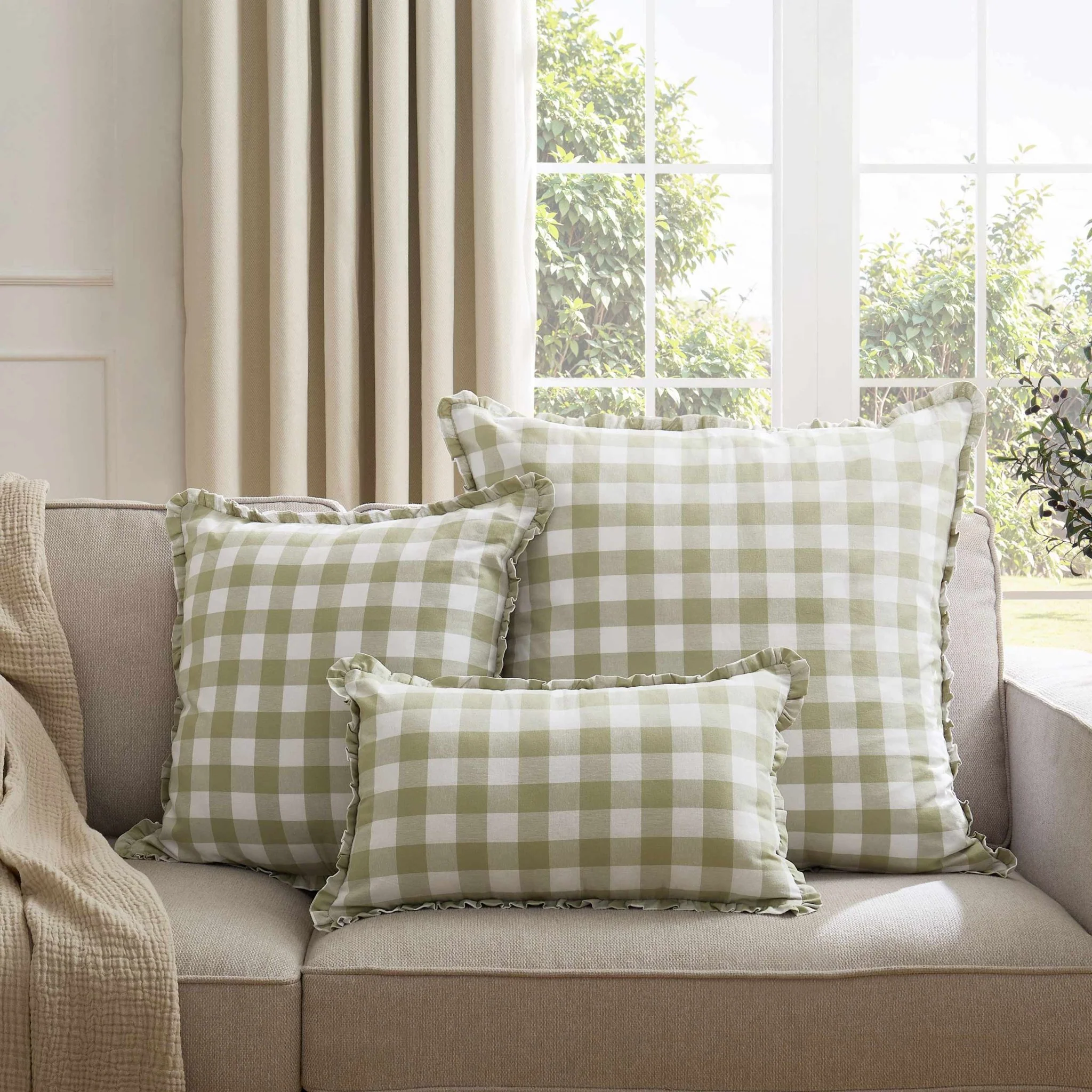 Gingham Square Frill Edge Sofa Cushion Cover - Sage