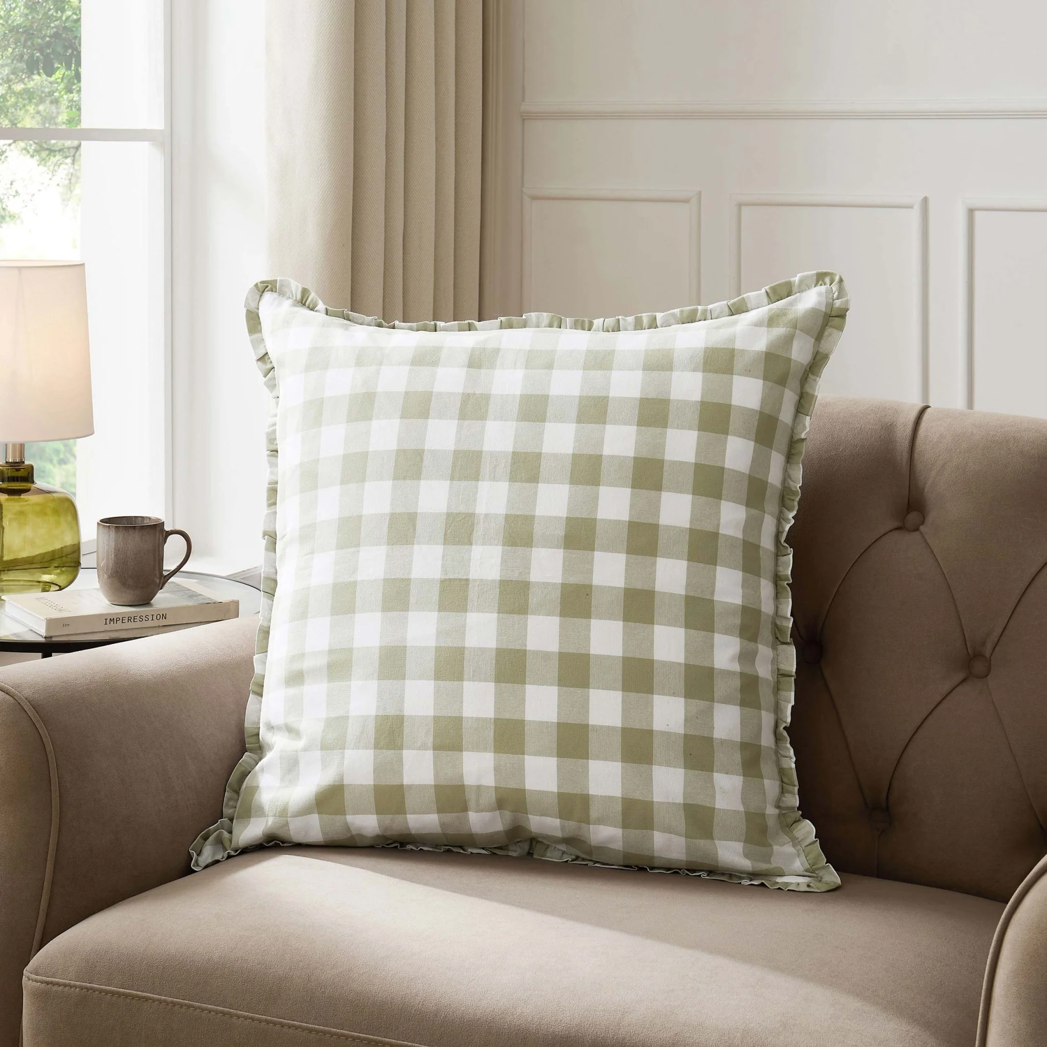 Gingham Square Frill Edge Sofa Cushion Cover - Sage - Image 2