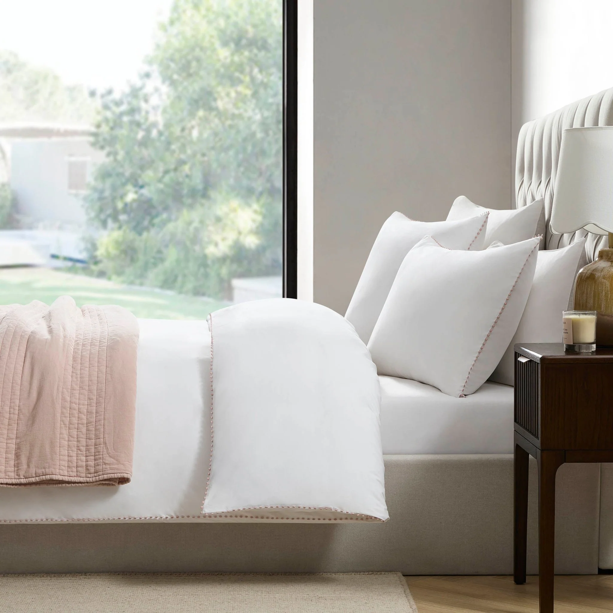Girona 200 Thread Count Pom-Pom Duvet Cover - Cotton - White/Pink - Image 4