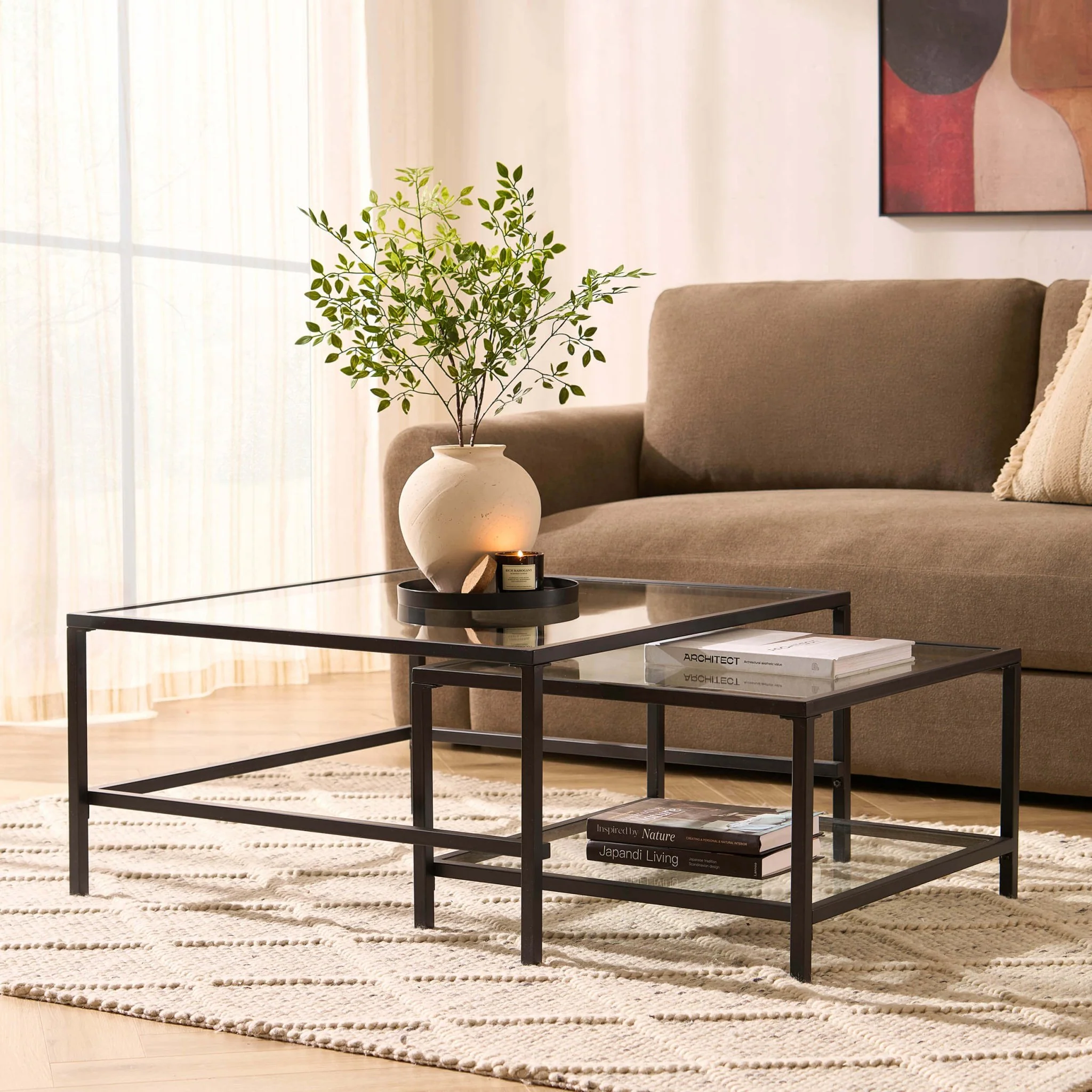 Glass Square Nesting Coffee Tables - Black