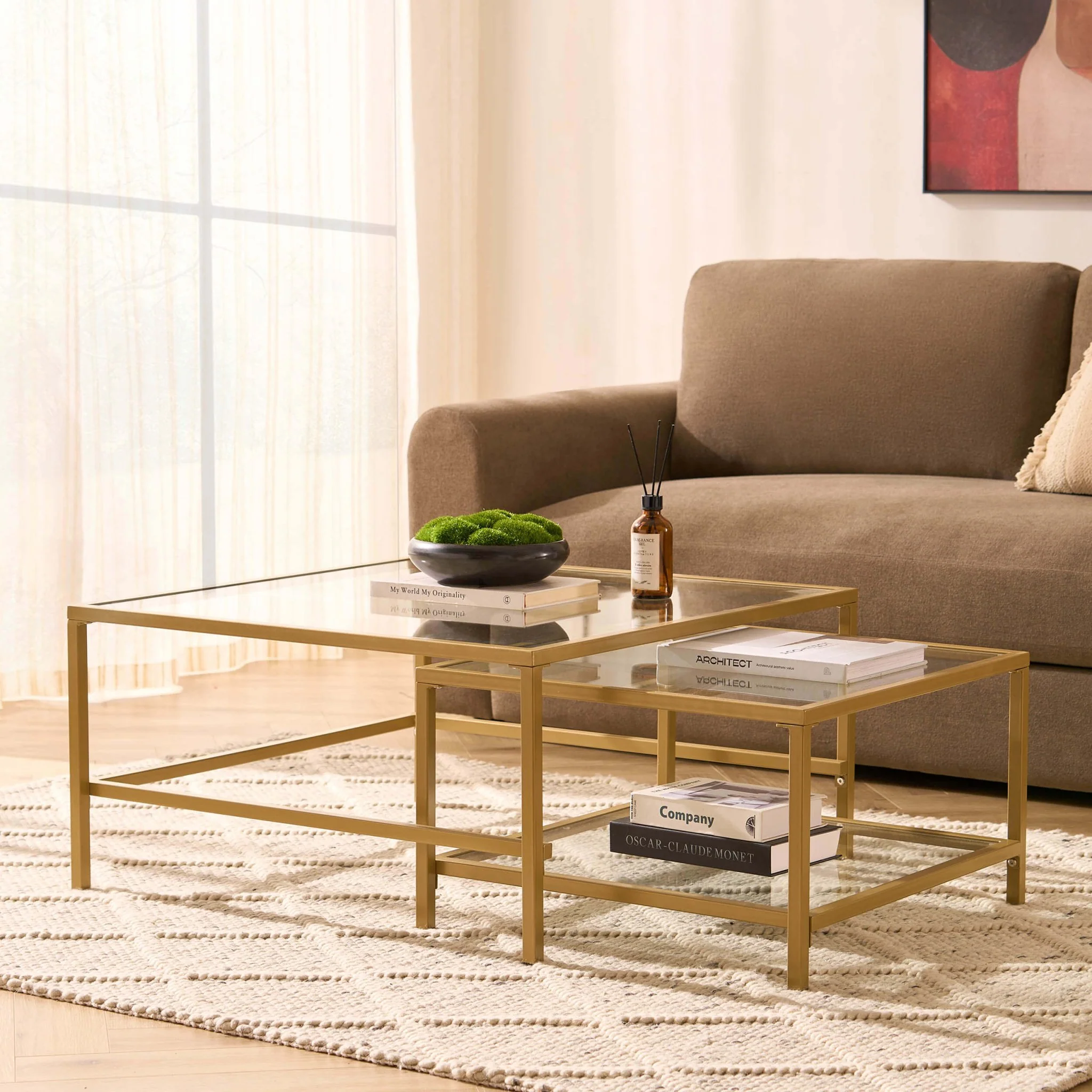 Glass Square Nesting Coffee Tables - Gold - Image 2