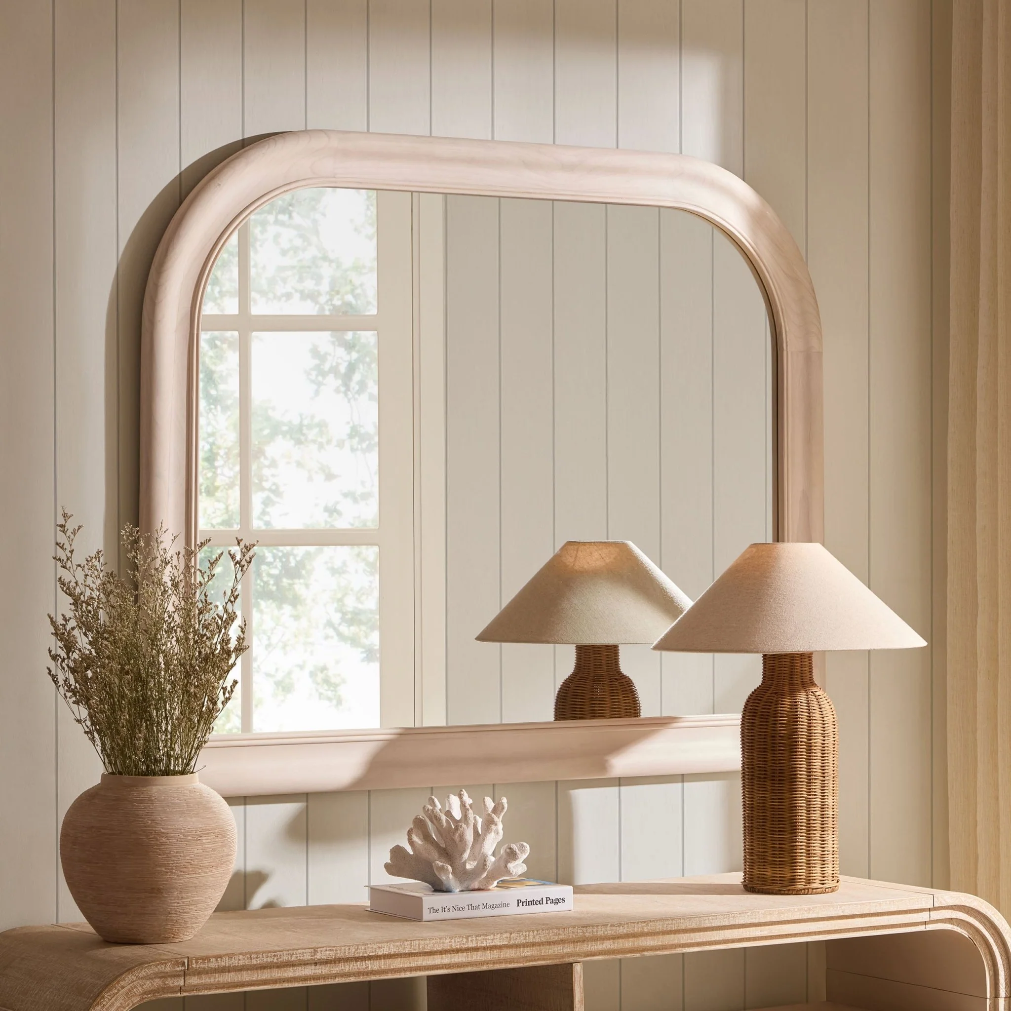 Hampton Arched Wood Large Mantel Mirror - Washed White