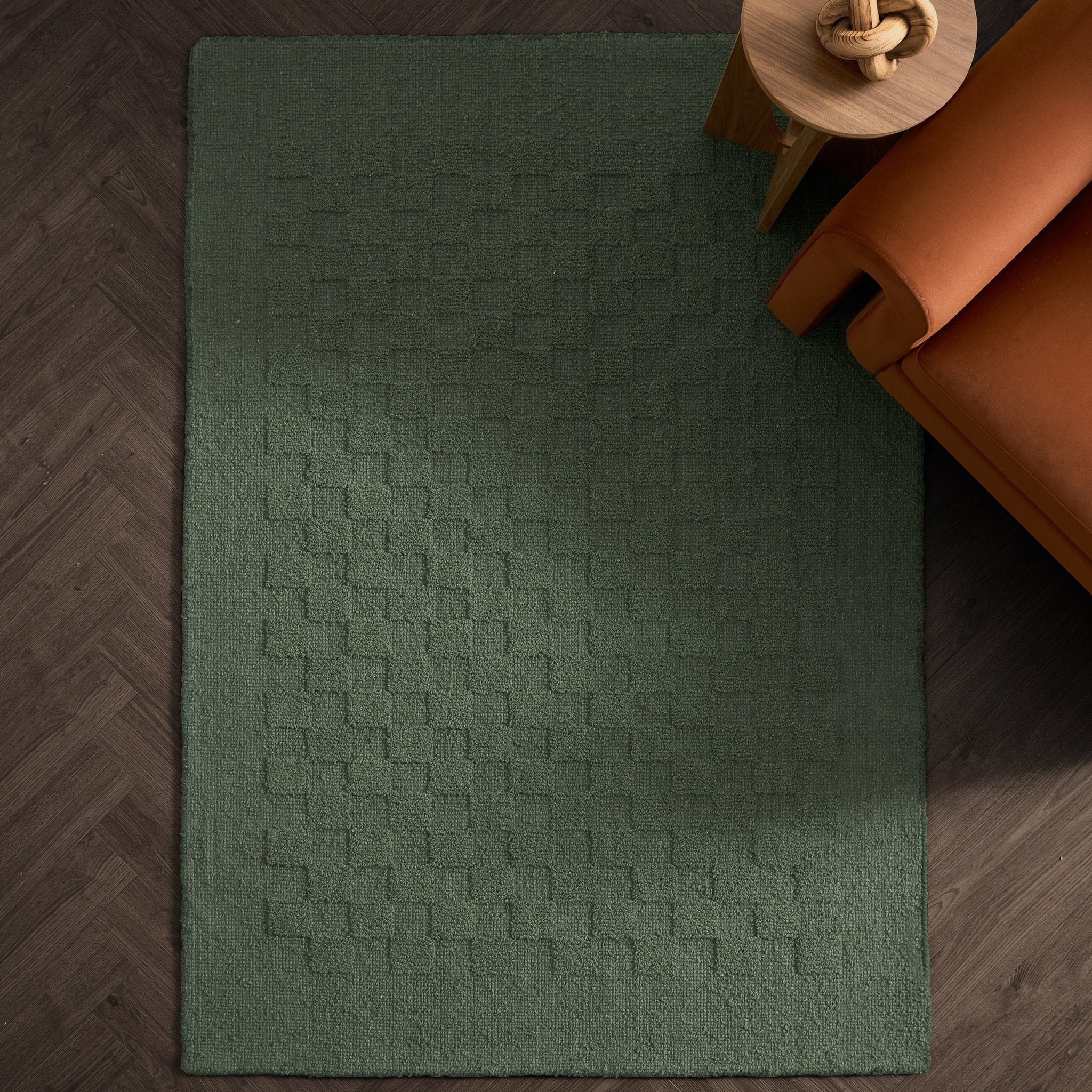 Hand Woven Wool Checkerboard Rug - Forest Green - Image 2