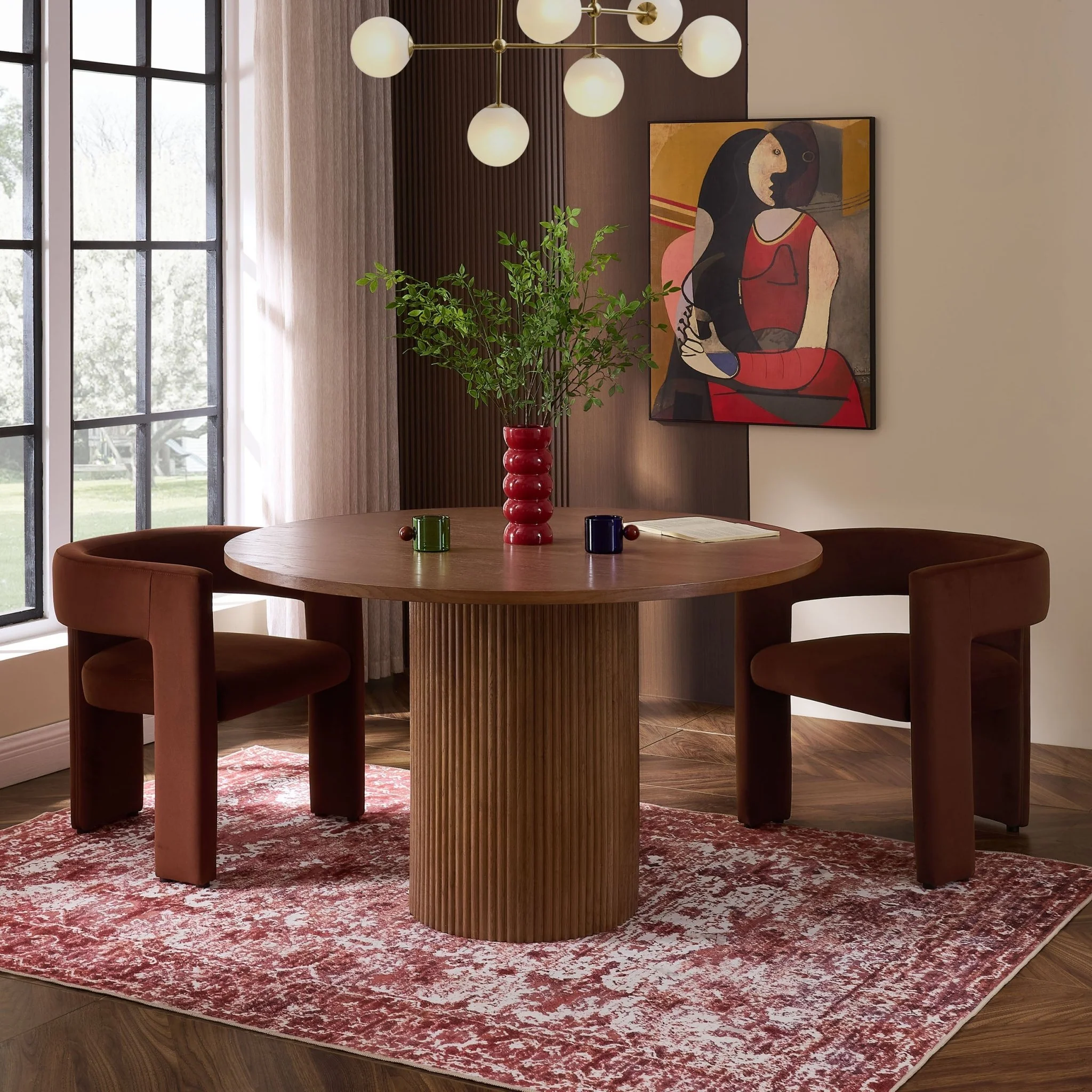 Hattie Panel Round 4-6 Seater Dining Table - Mid Wood