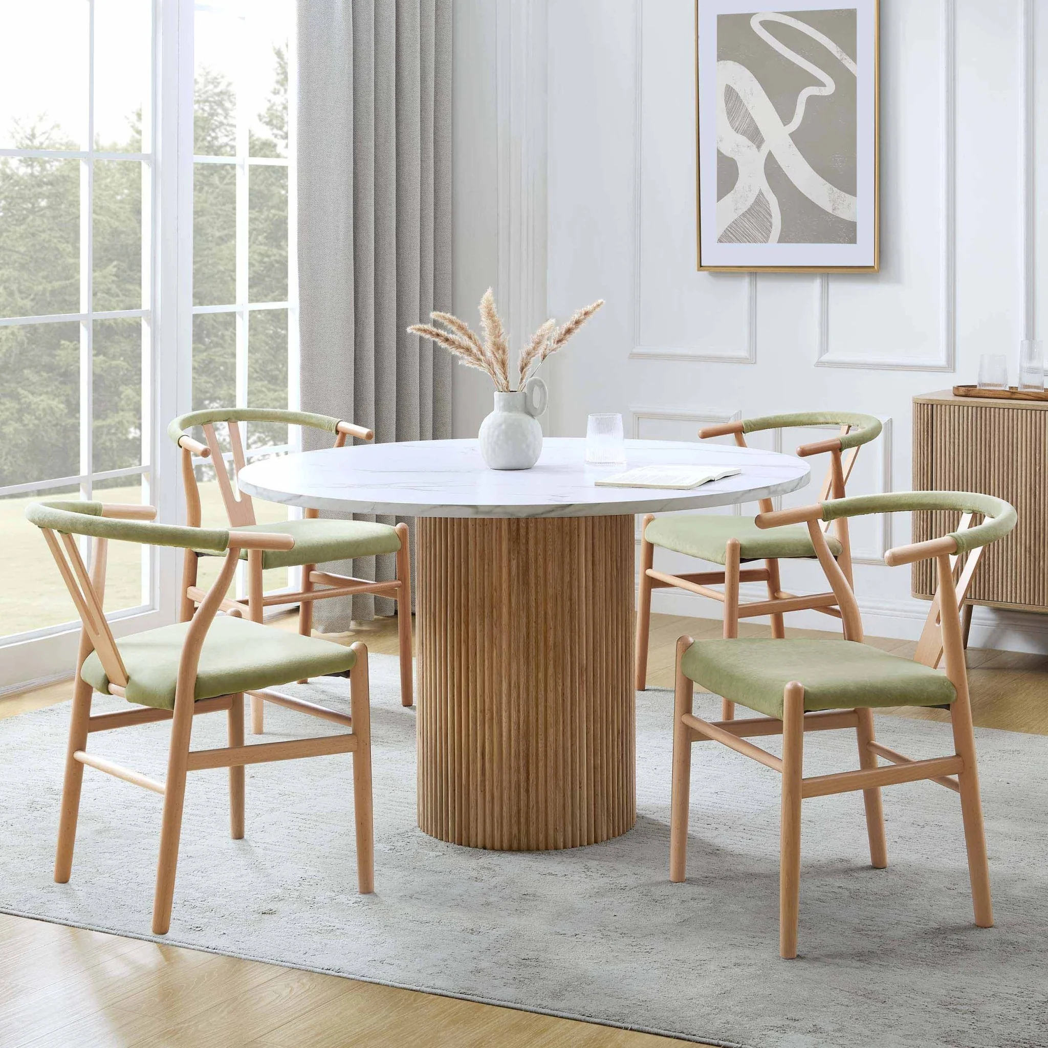 Hattie Panel Round 4-6 Seater Pedestal Dining Table - Natural/Marble