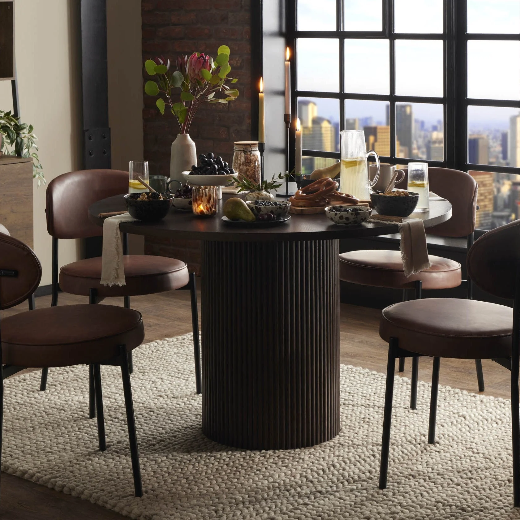 Hattie Panel Round 4-6 Seater Pedestal Dining Table - Walnut - Image 2