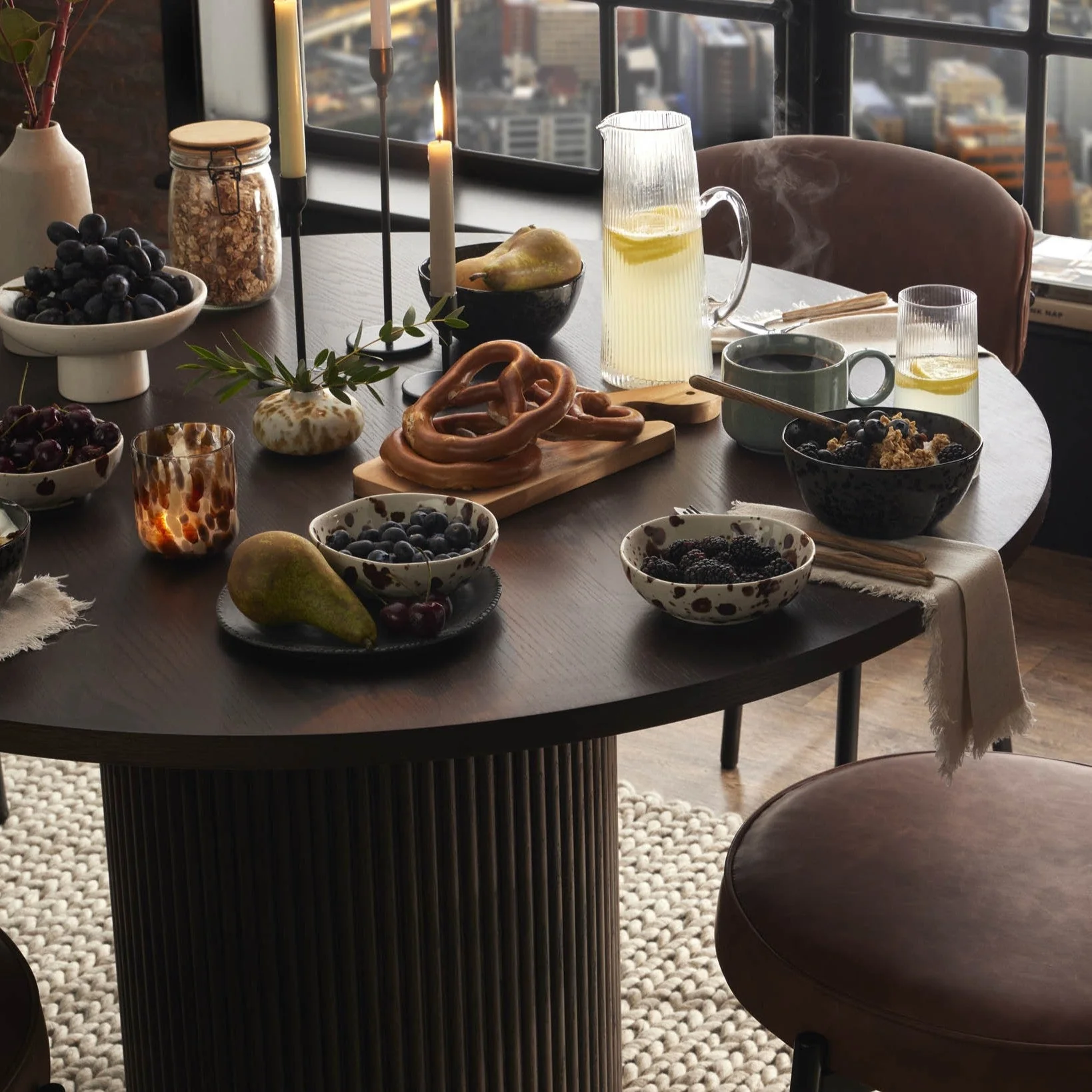 Hattie Panel Round 4-6 Seater Pedestal Dining Table - Walnut - Image 3