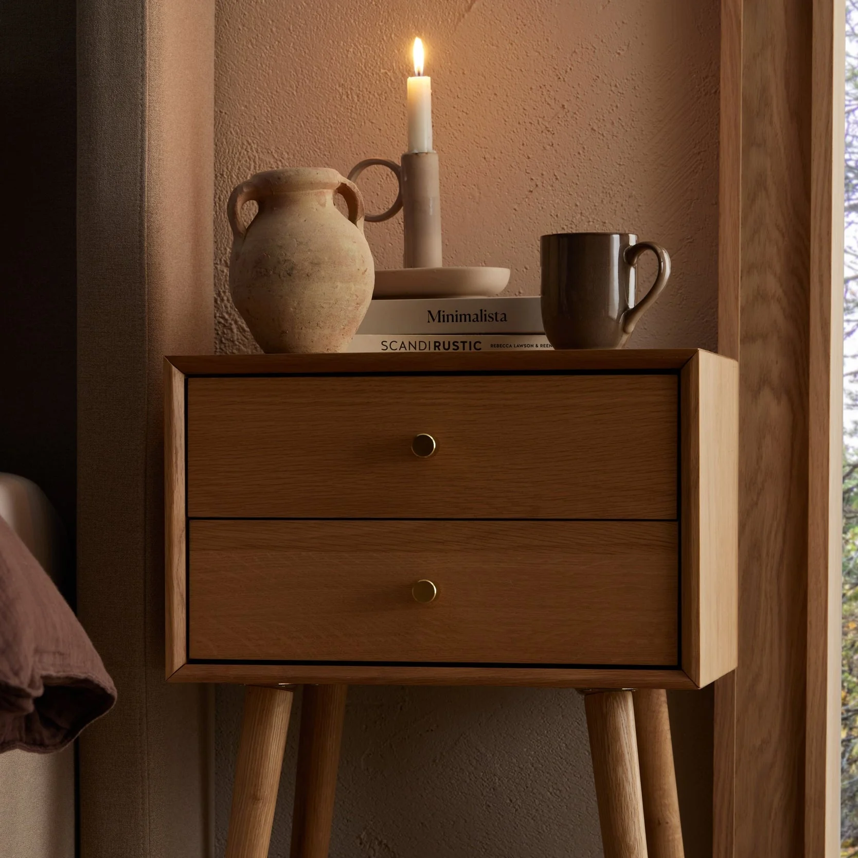 Heidi Oak 2 Drawer Bedside Table - Light Wood - Image 2