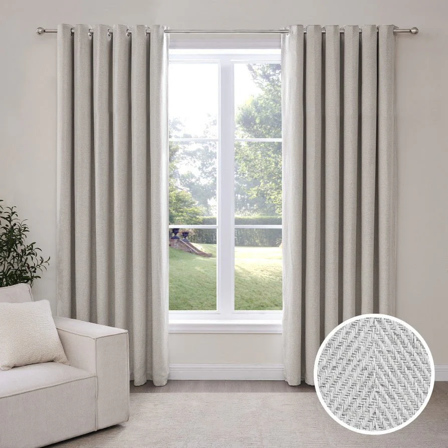 Herringbone Thermal Blackout Eyelet Curtains - Light Grey