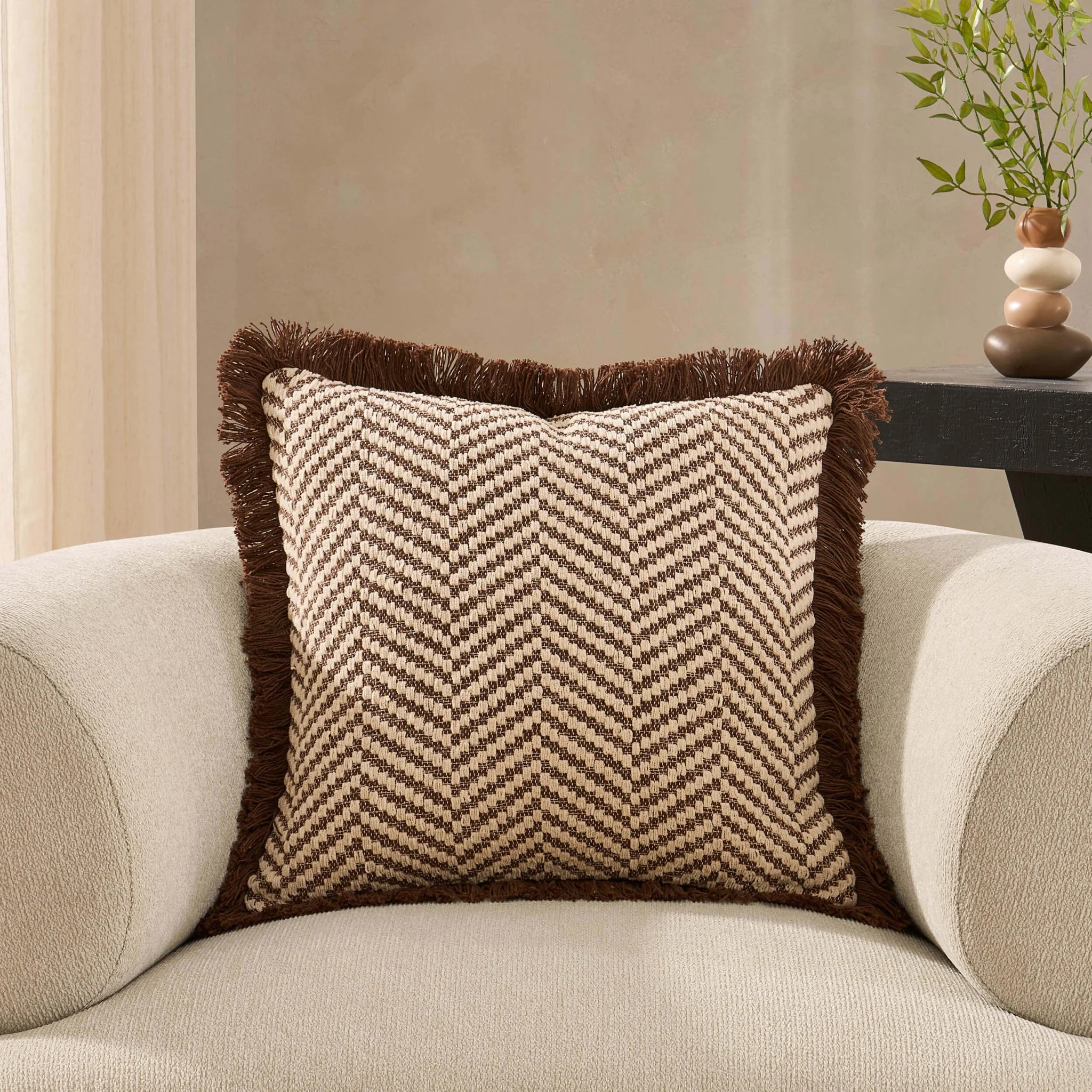 Herringbone Tufted Edge Sofa Cushion Cover - Chocolate