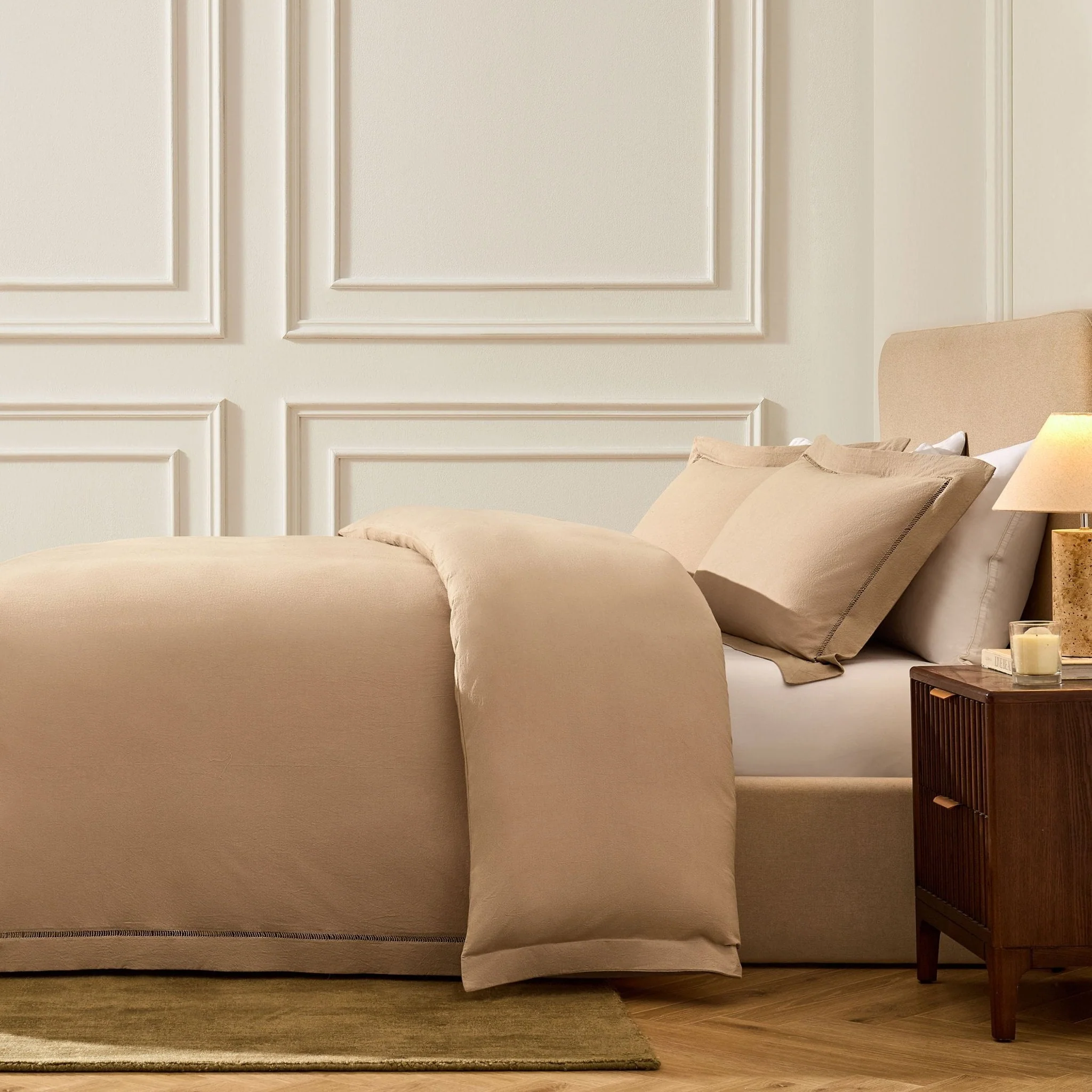 Imogen 100% Cotton Ladder Edge Duvet Cover & Pillowcase Set - Light Taupe - Image 2