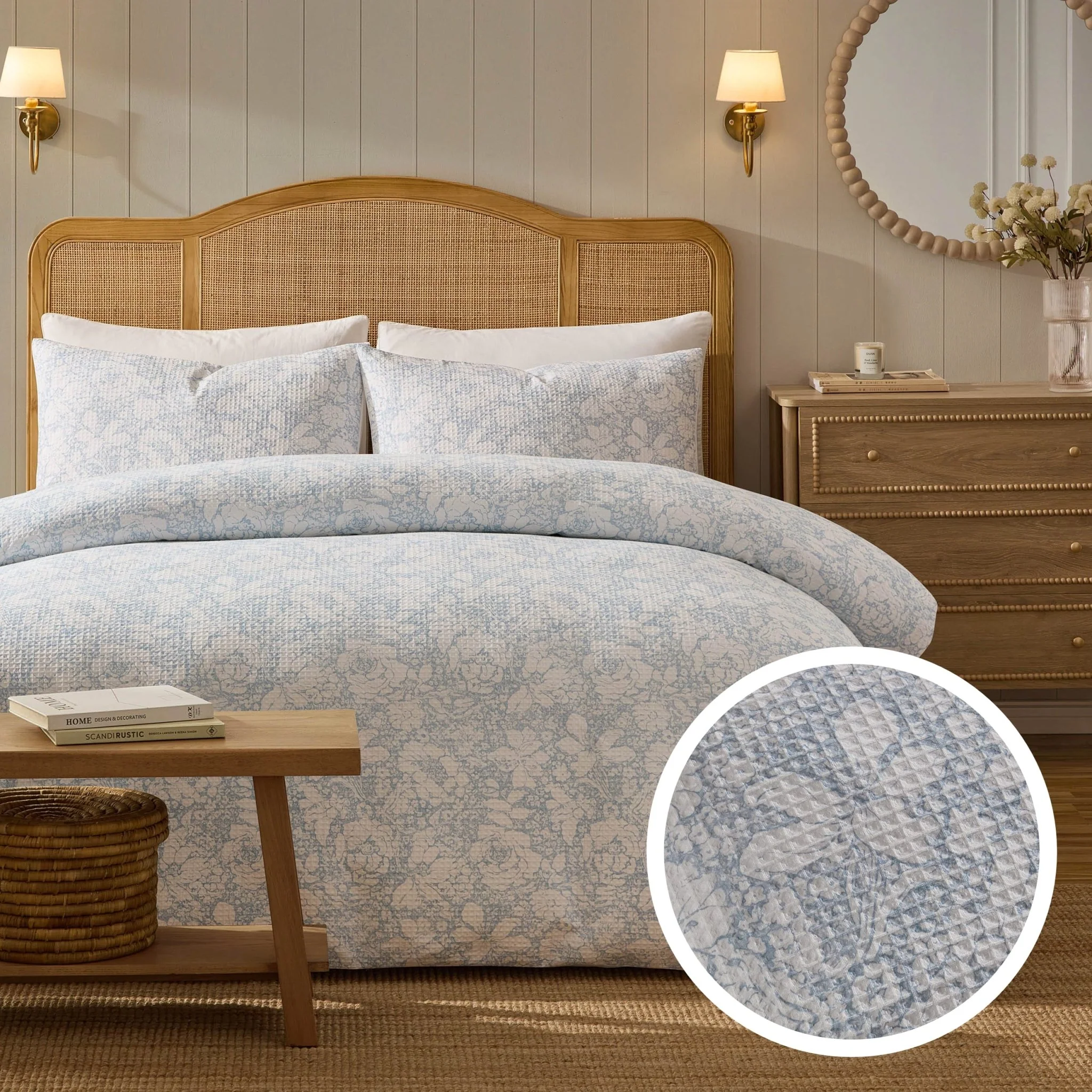 Iris Floral Printed Waffle Duvet Cover & Pillowcase Set - Blue