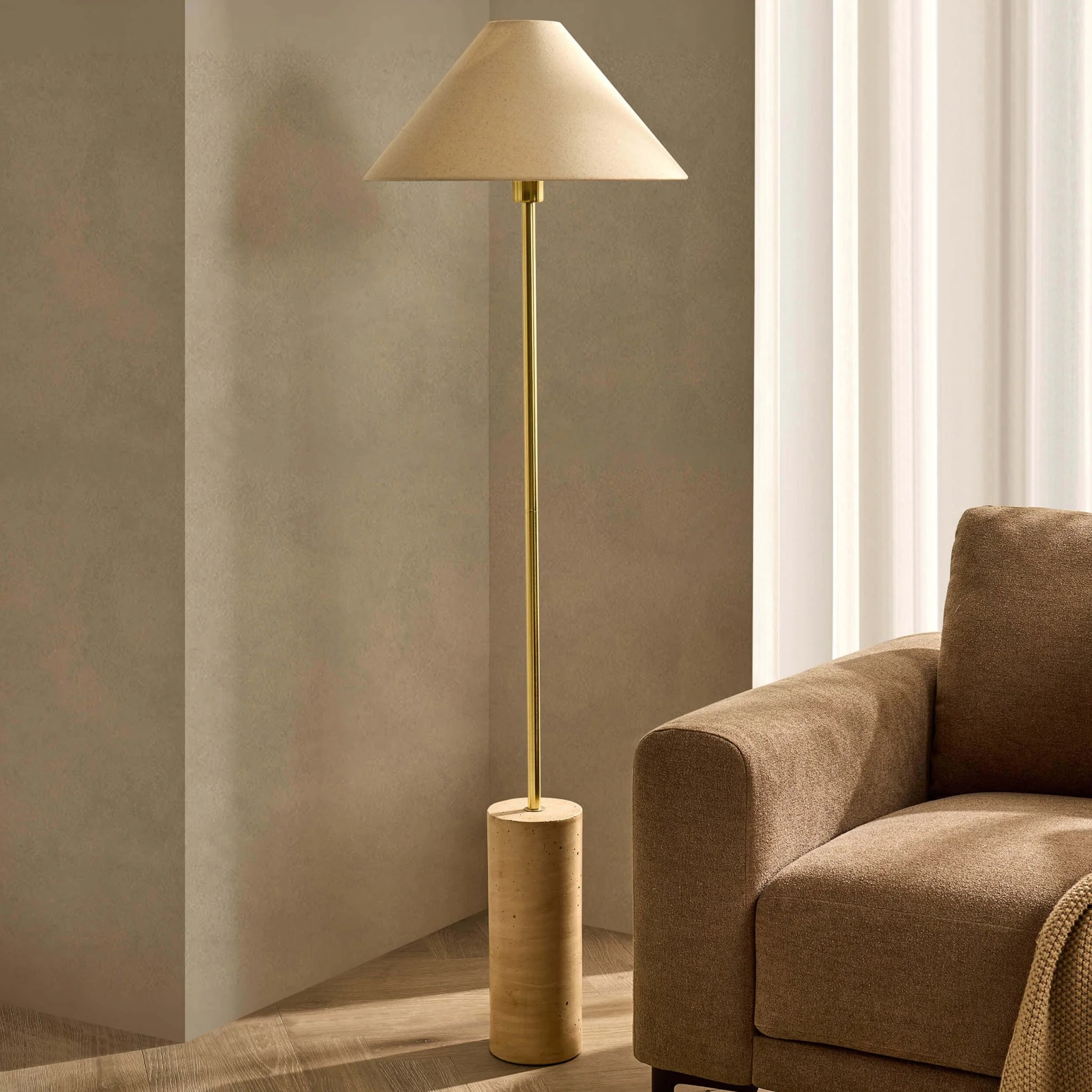 Ivy Marble Effect Floor Lamp - Satin Brass