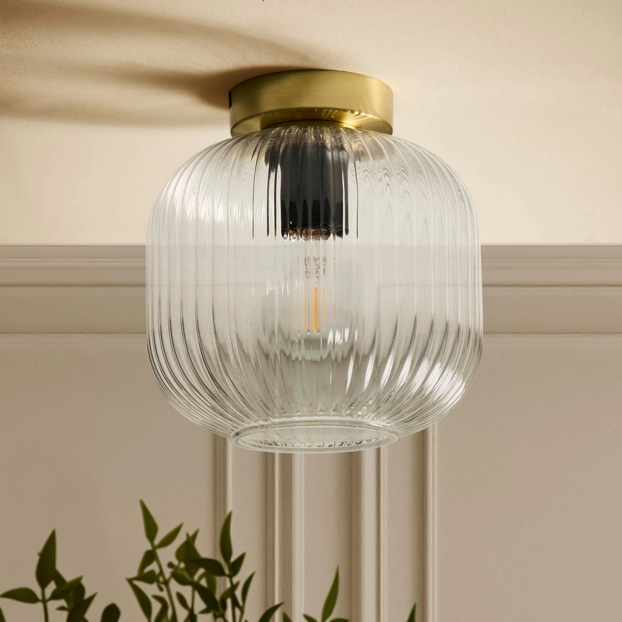 Jules Ribbed Glass Flush Ceiling Light - Clear/Gold - Image 2