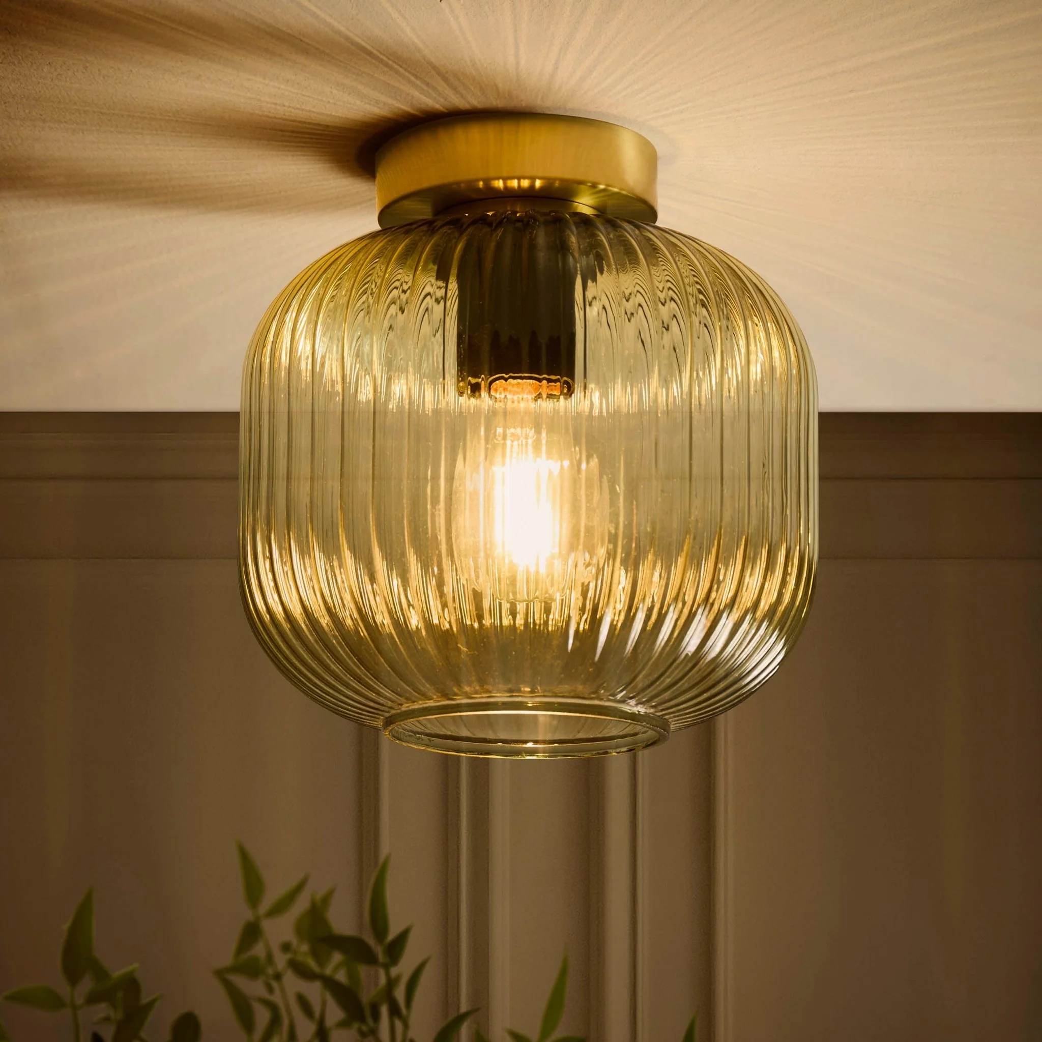 Jules Ribbed Glass Flush Ceiling Light - Green/Gold