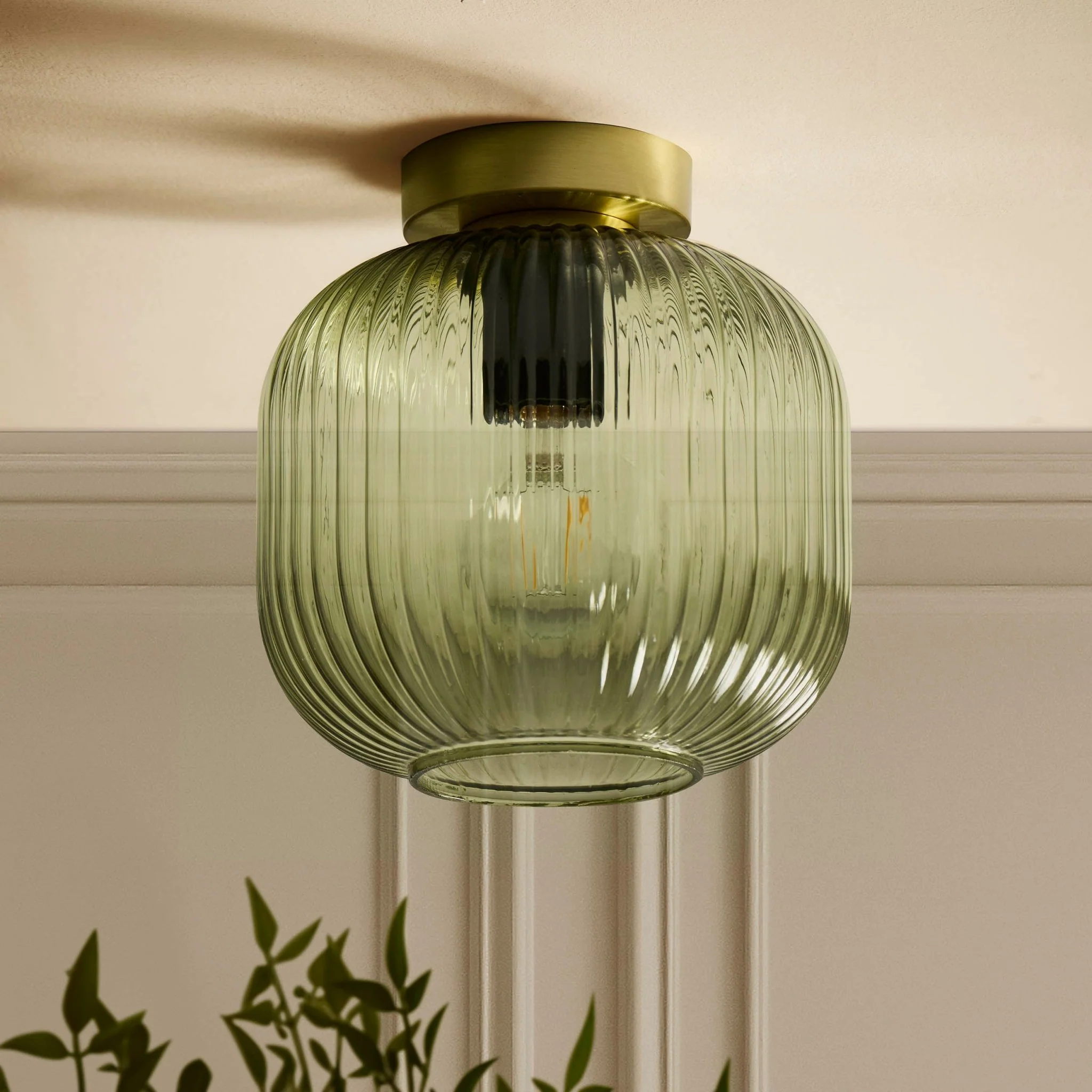 Jules Ribbed Glass Flush Ceiling Light - Green/Gold - Image 2