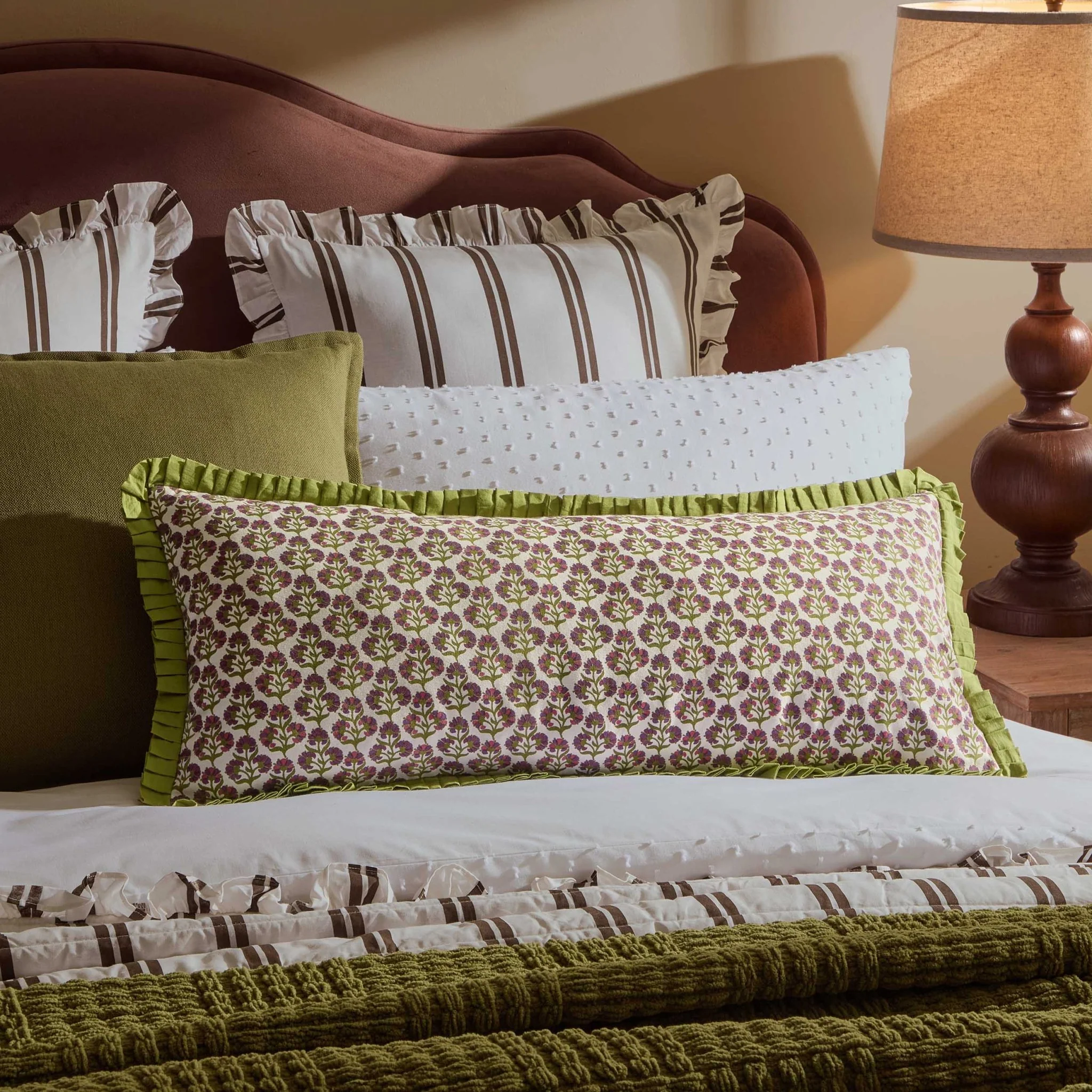Julia 100% Cotton Box Pleat Edge Printed Cushion Cover - Purple/Green