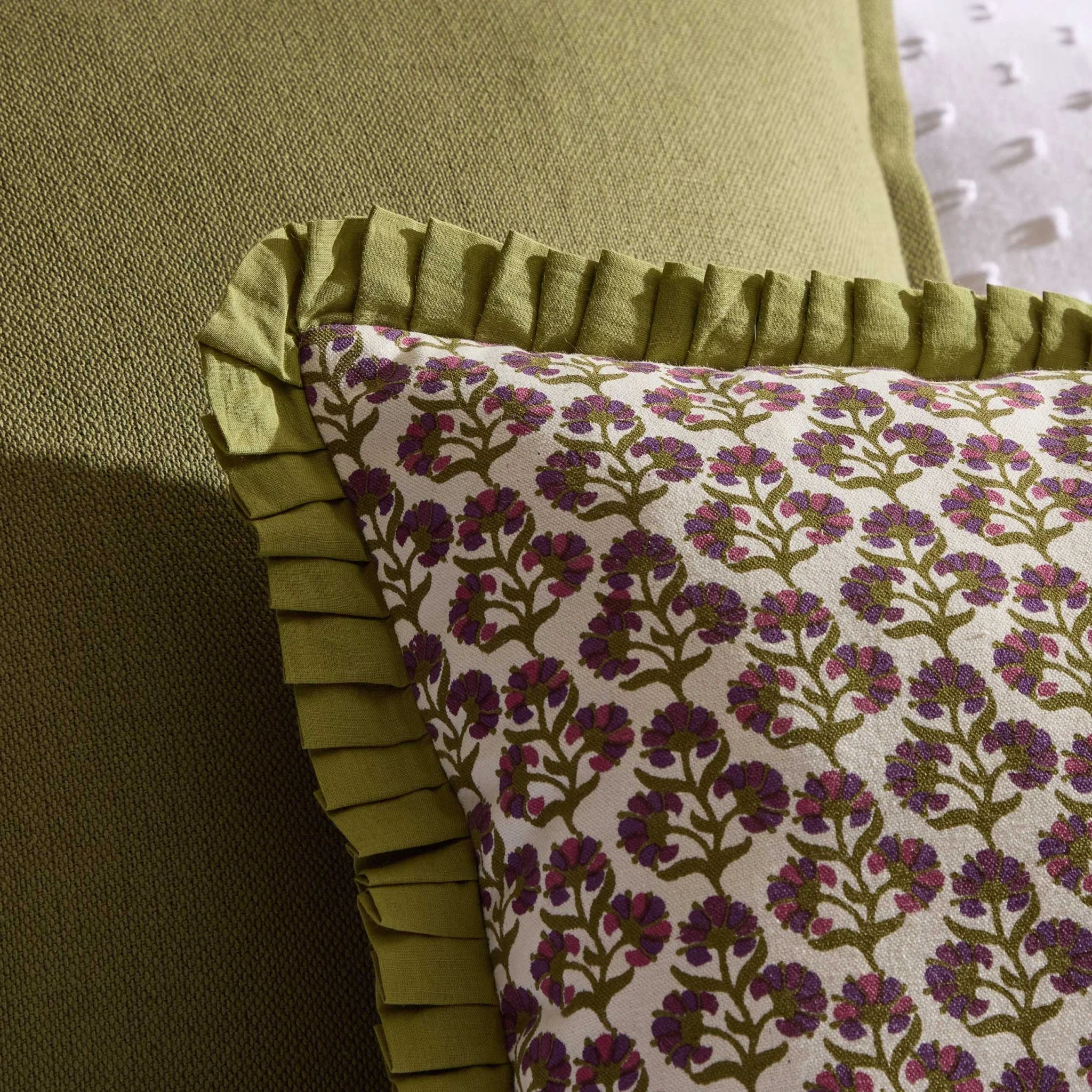 Julia 100% Cotton Box Pleat Edge Printed Cushion Cover - Purple/Green - Image 2