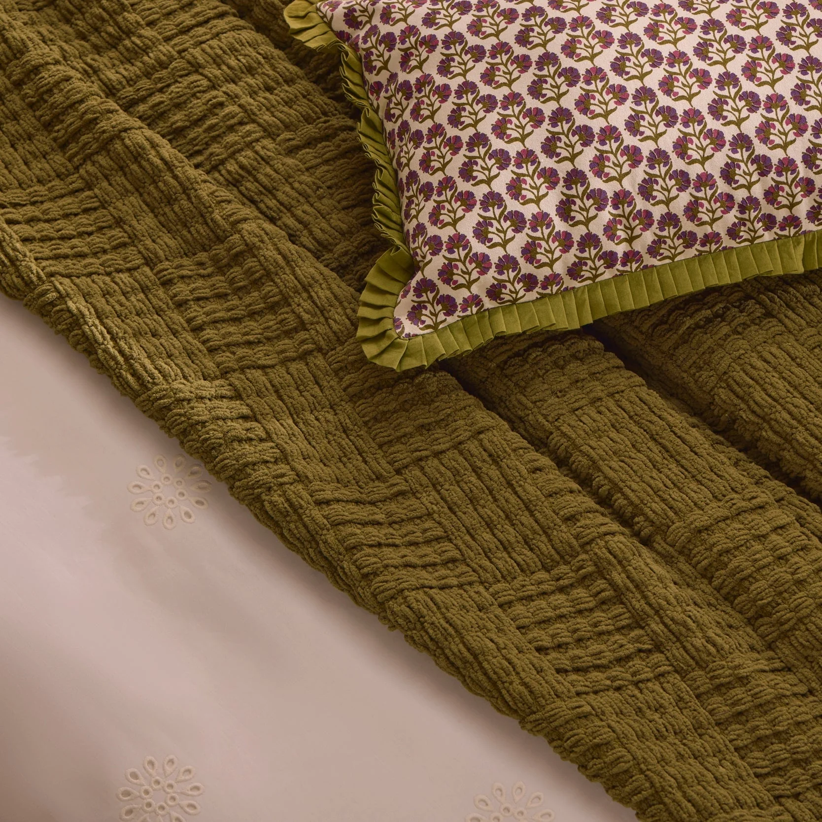 Julia 100% Cotton Box Pleat Edge Printed Cushion Cover - Purple/Green - Image 4