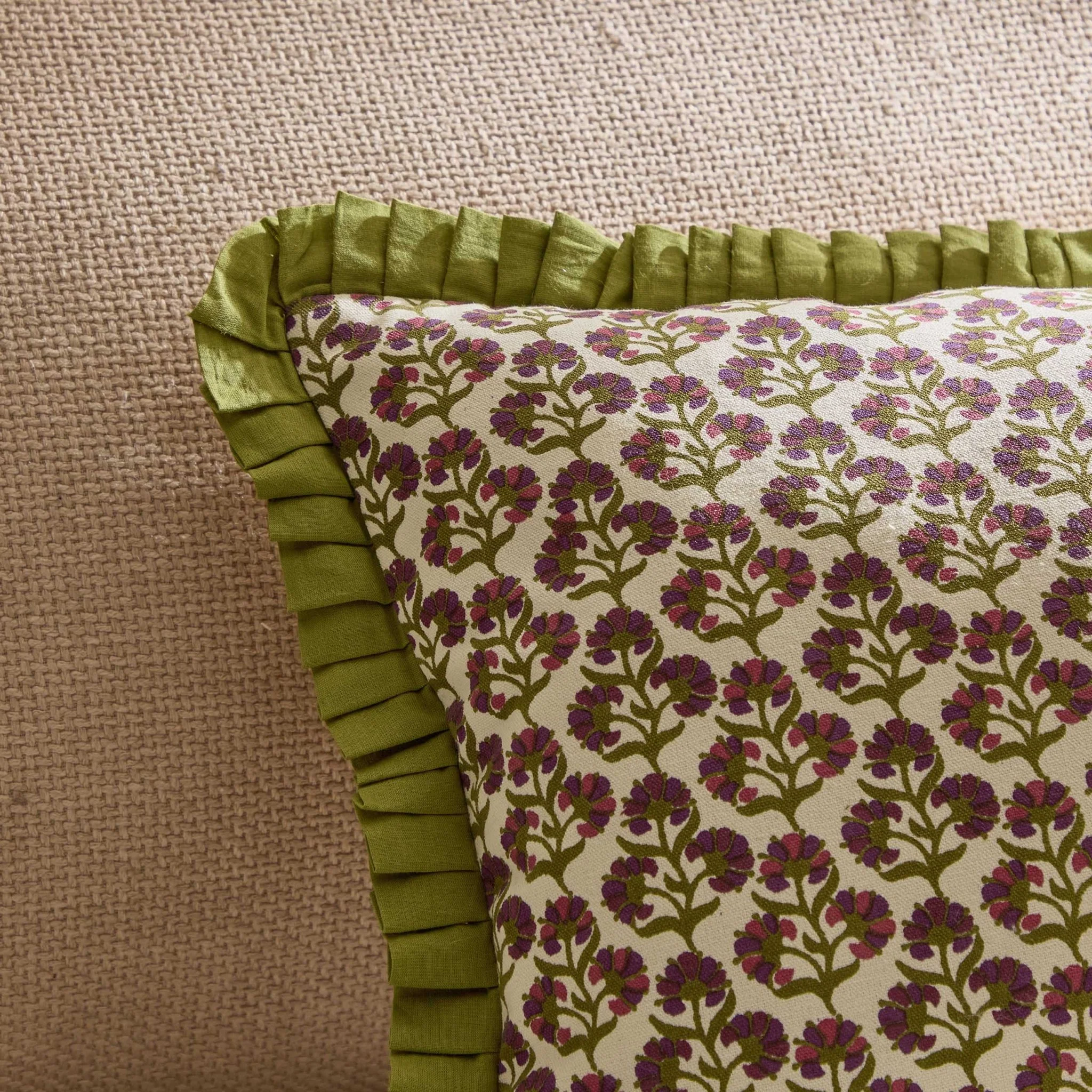Julia 100% Cotton Box Pleat Edge Printed Sofa Cushion Cover - Purple/Green - Image 2