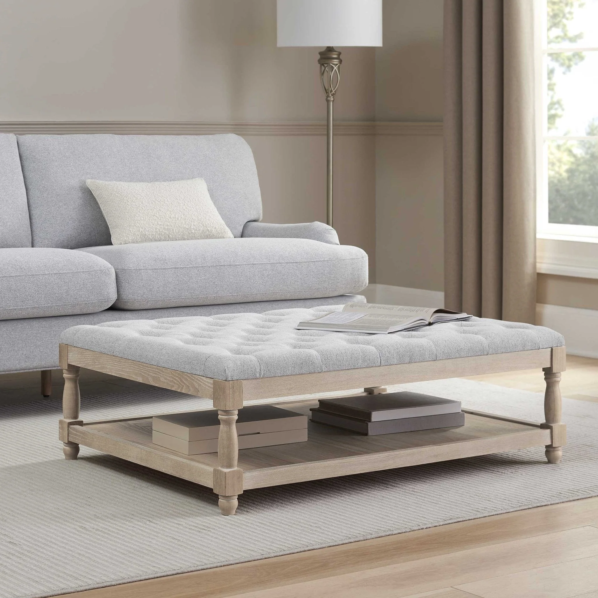 Knaresborough Button Back Coffee Table Pouffe - Light Grey
