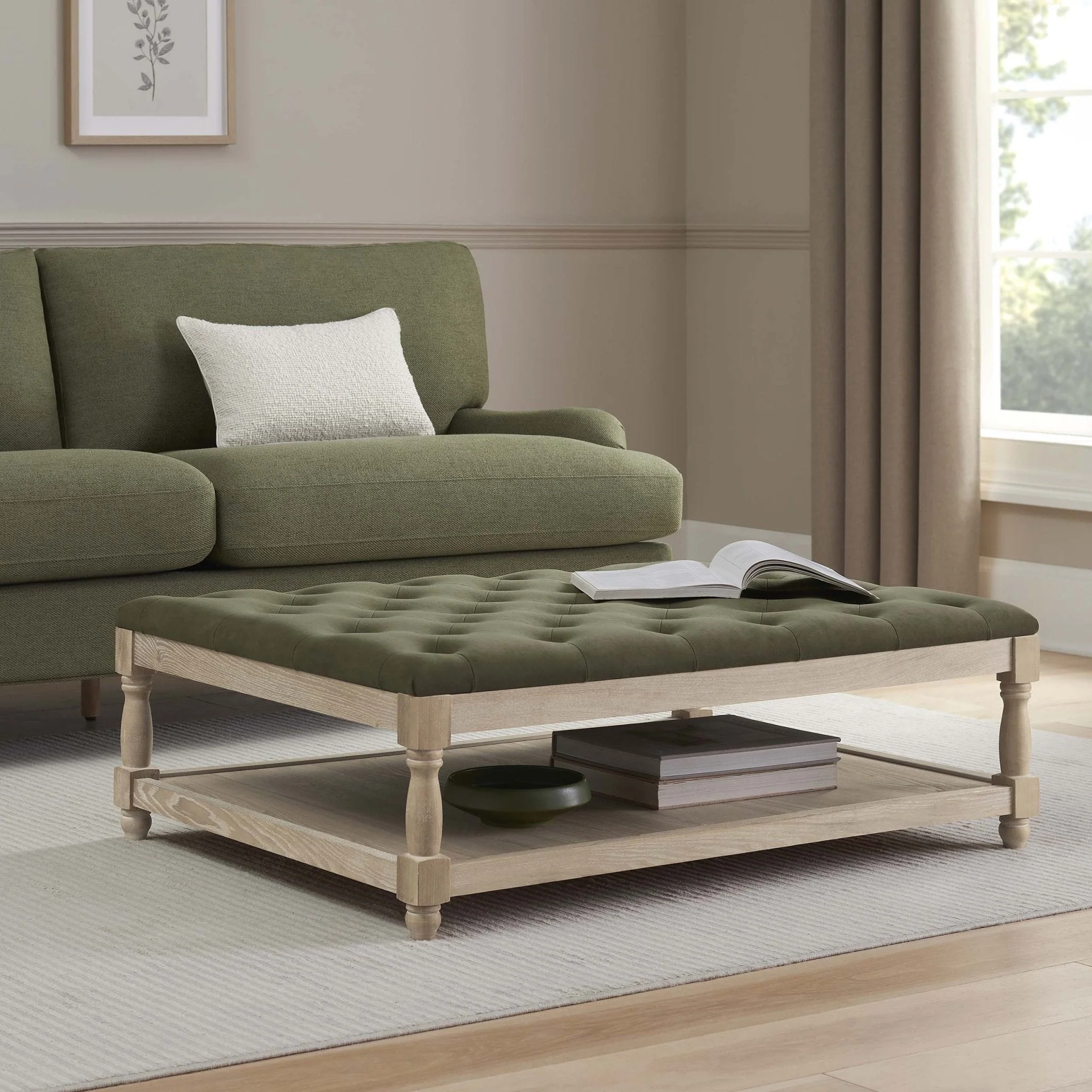 Knaresborough Button Back Coffee Table Pouffe - Olive - Image 2