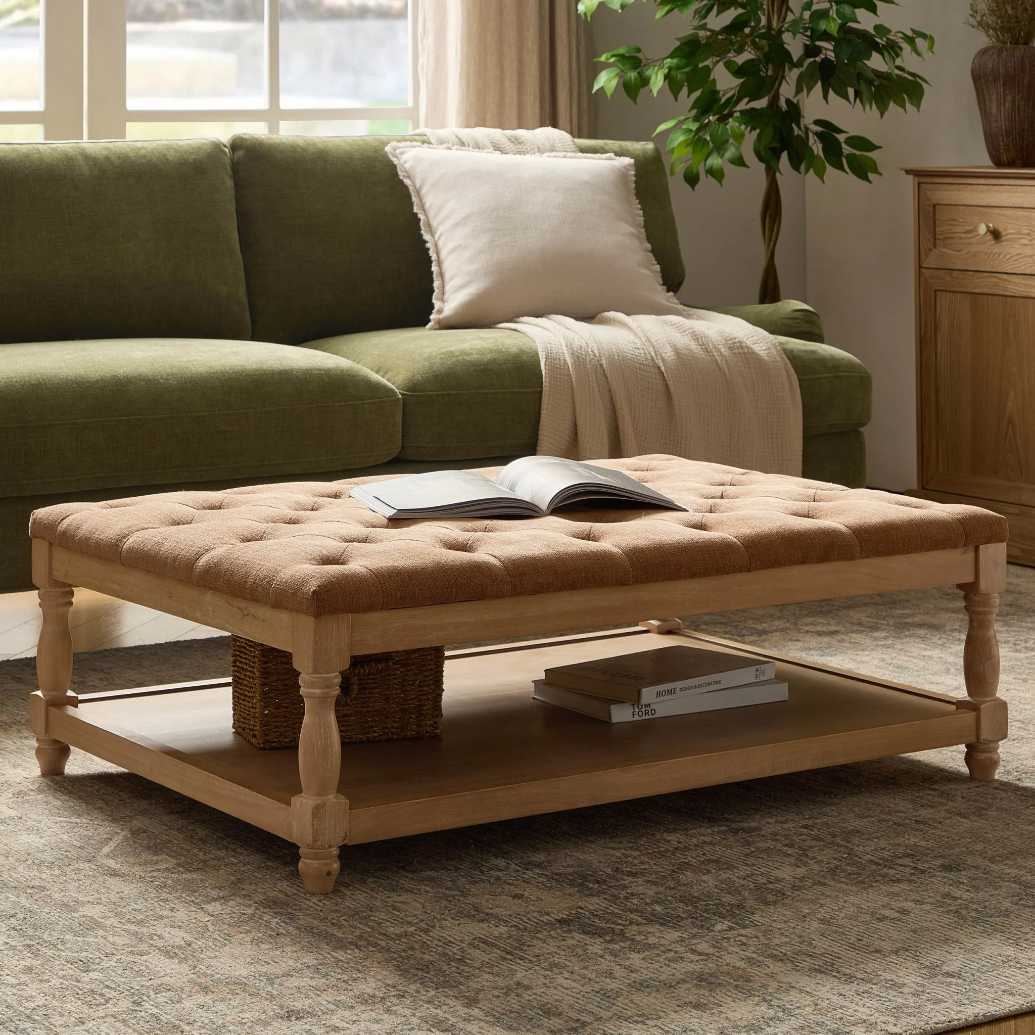 Knaresborough Button Back Coffee Table Pouffe - Chenille Caramel - Image 2