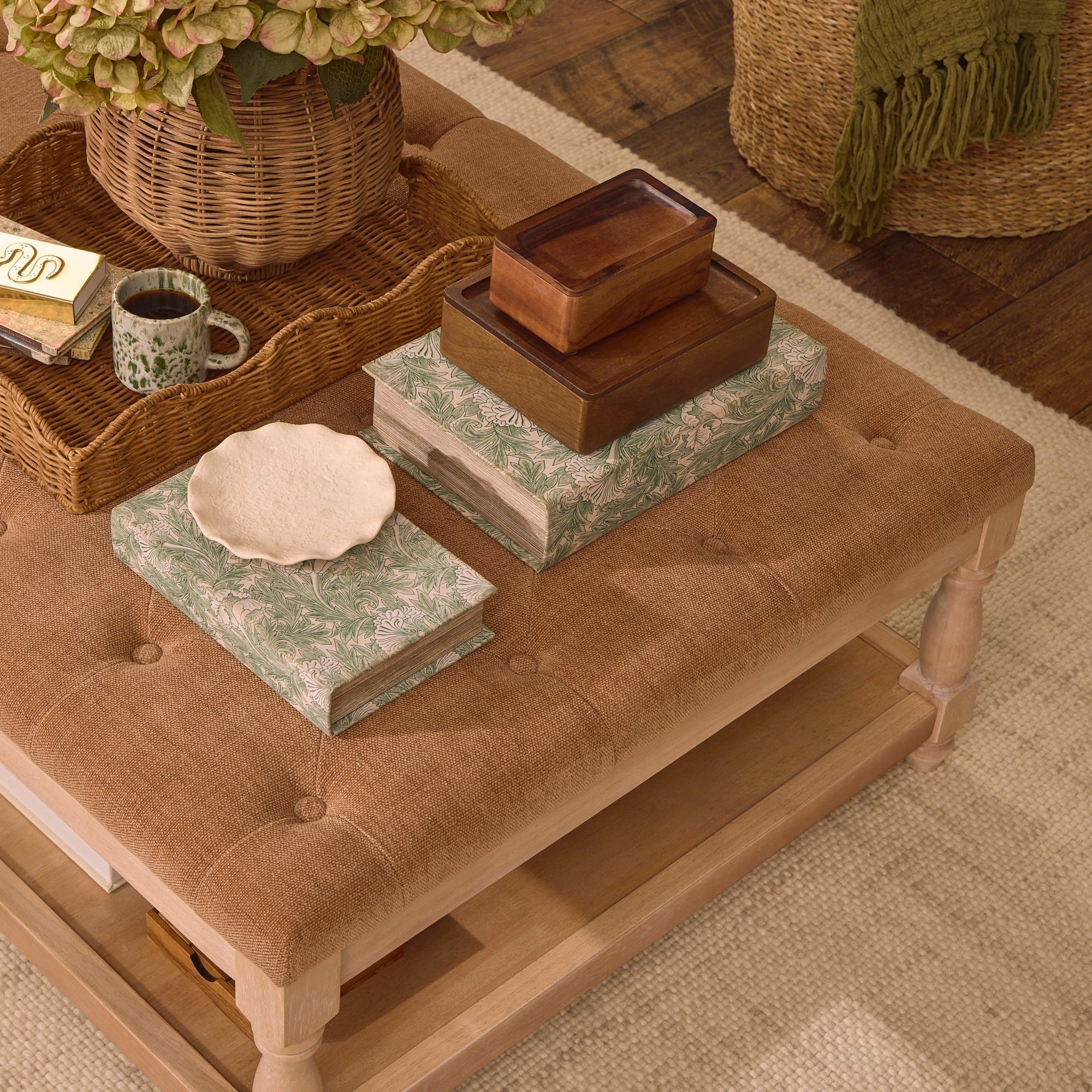 Knaresborough Button Back Coffee Table Pouffe - Chenille Caramel - Image 3