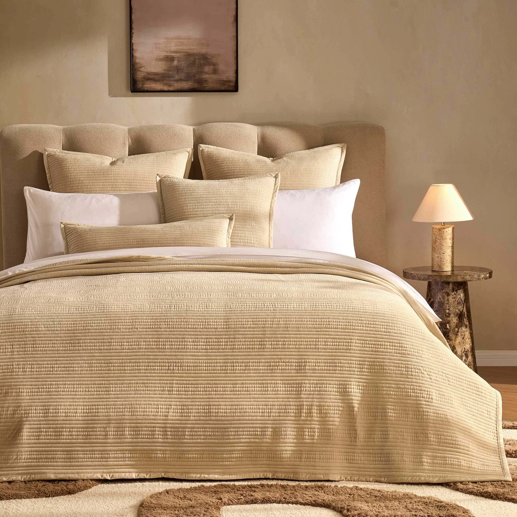 Leona Luxury Quilted Velvet Bedspread - Champagne