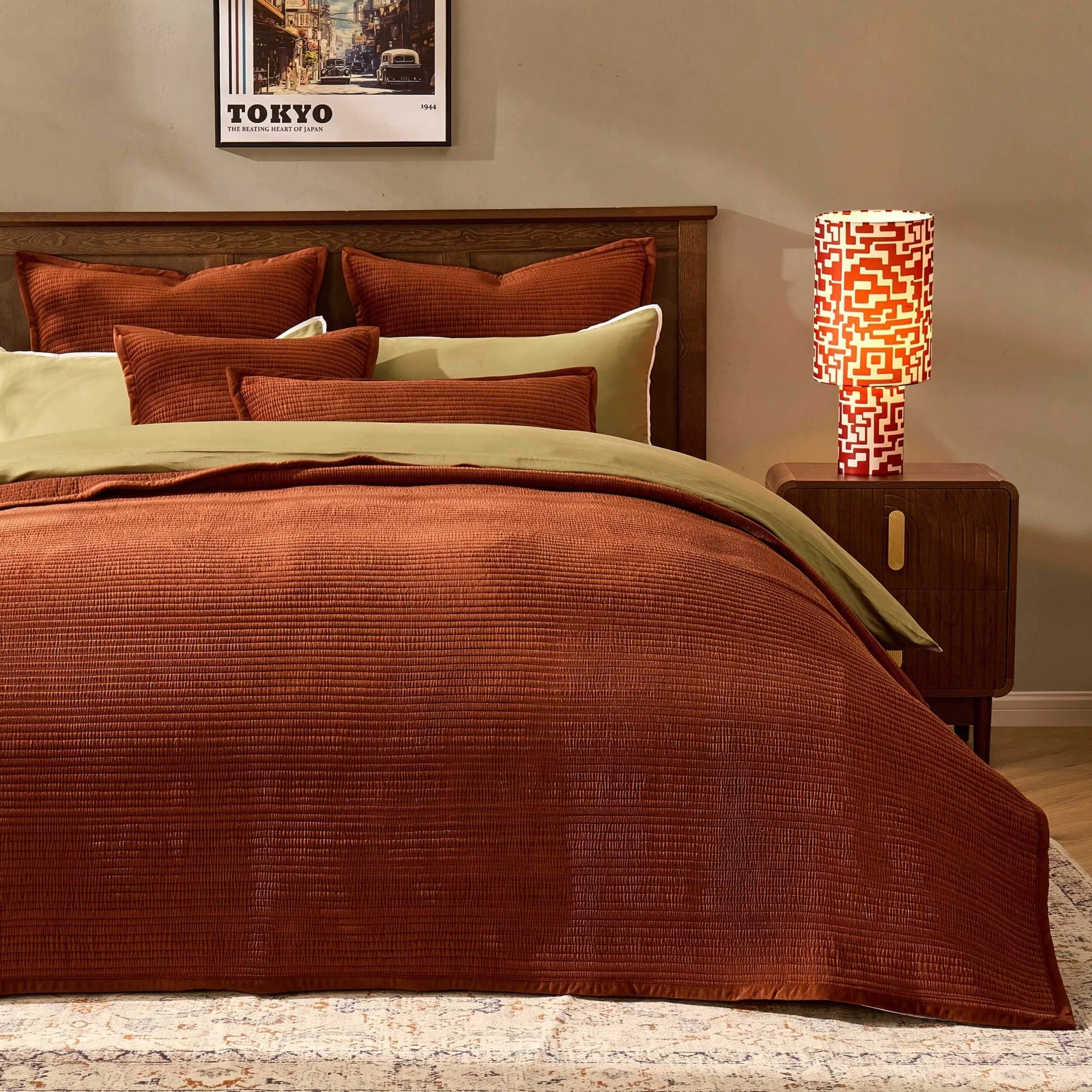 Leona Luxury Quilted Velvet Bedspread - Rust