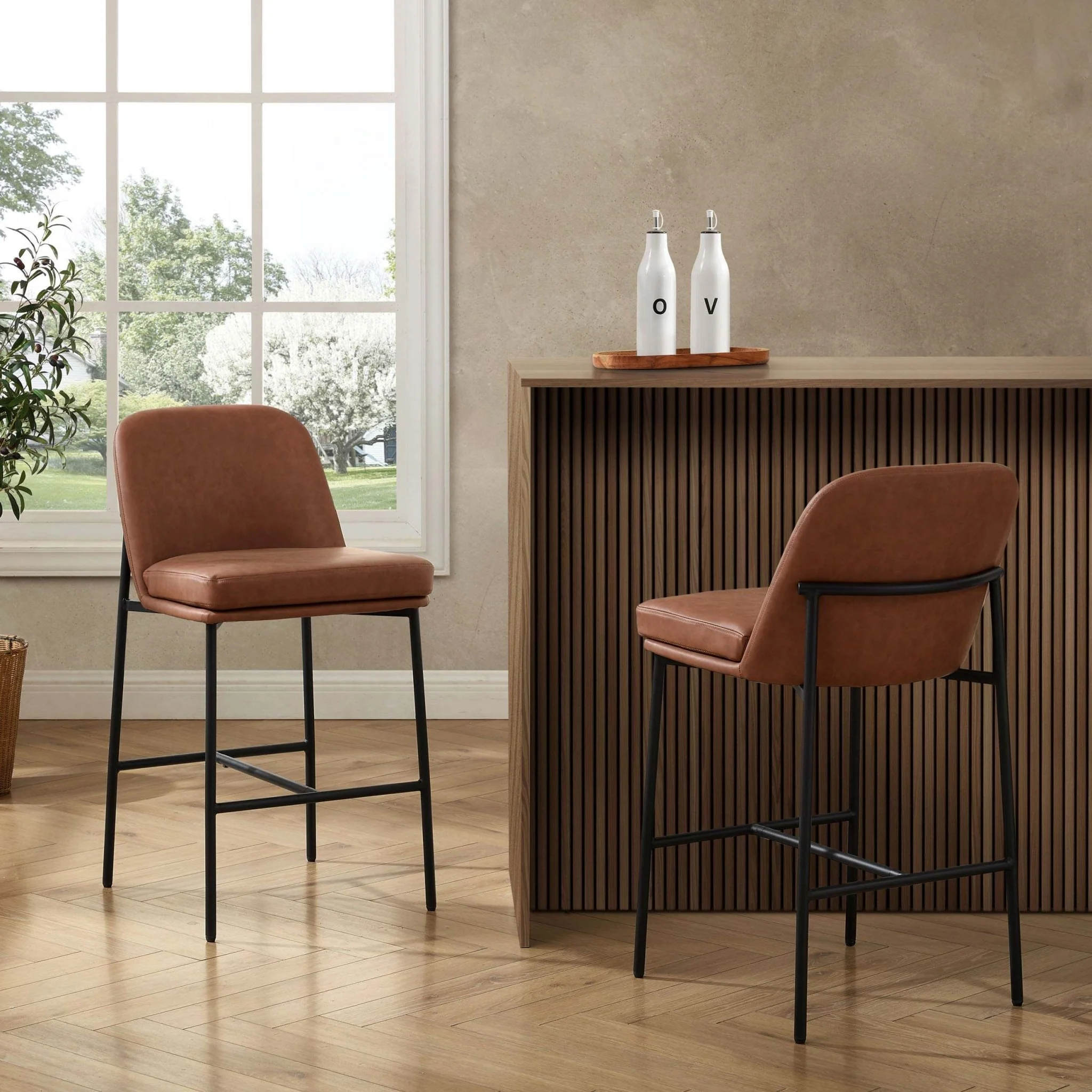 Lily Set of 2 Barstools - Faux Leather Tan