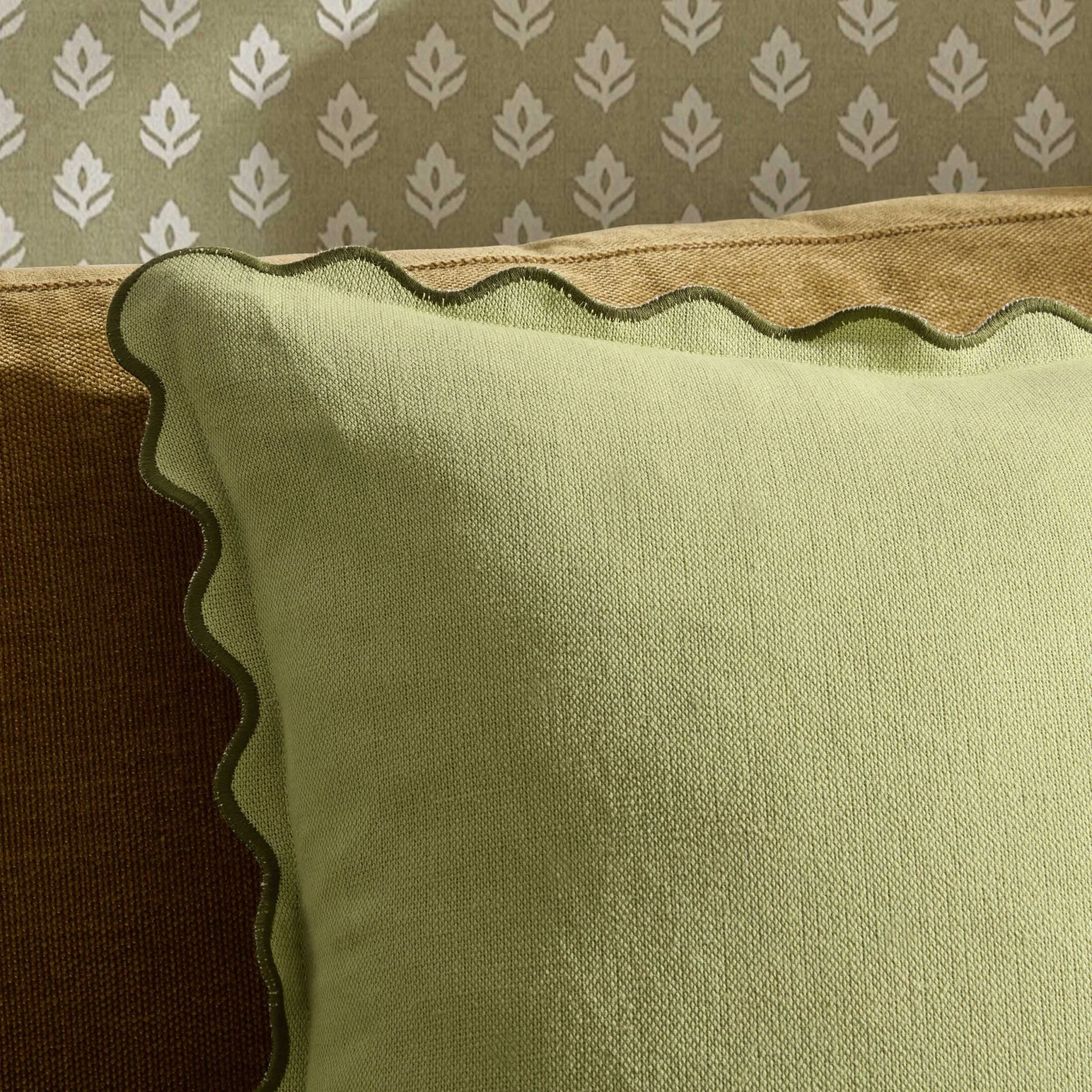 Linen Blend Scallop Edge Cushion Cover - Green - Image 3