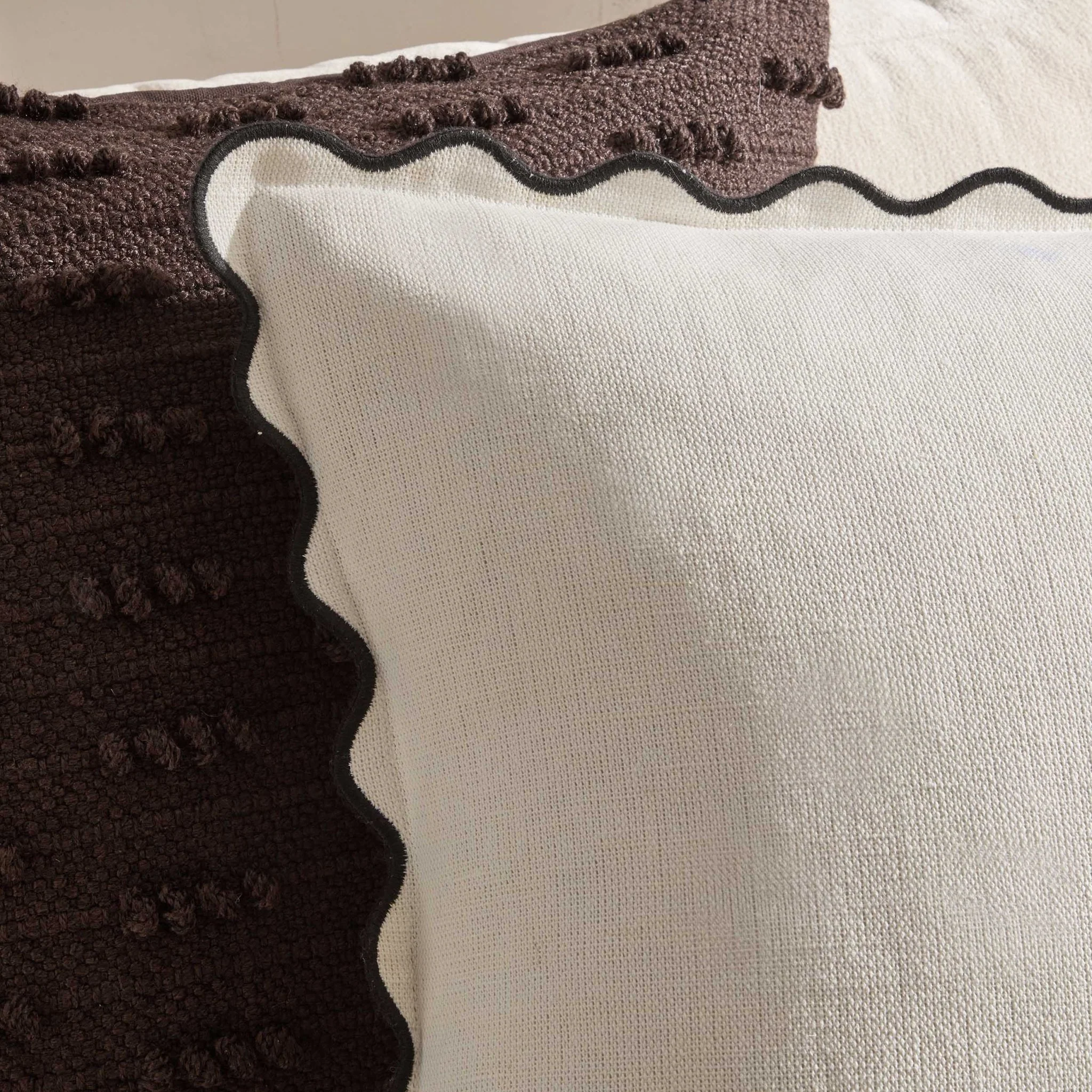 Linen Blend Scallop Edge Cushion Cover - Natural/Black - Image 2