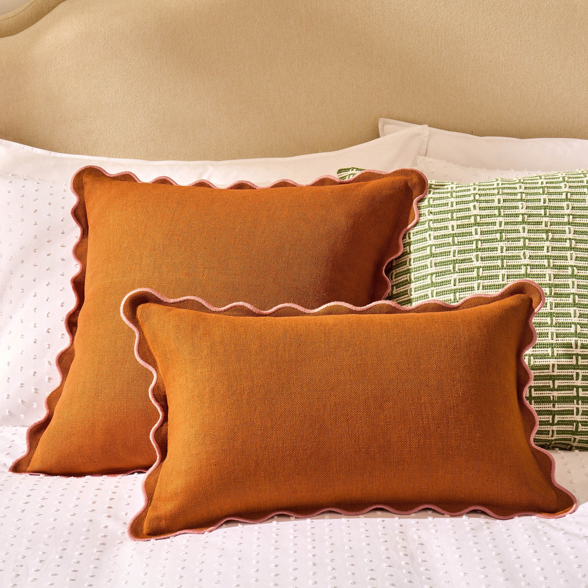 Linen Blend Scallop Edge Cushion Cover - Orange/Pink