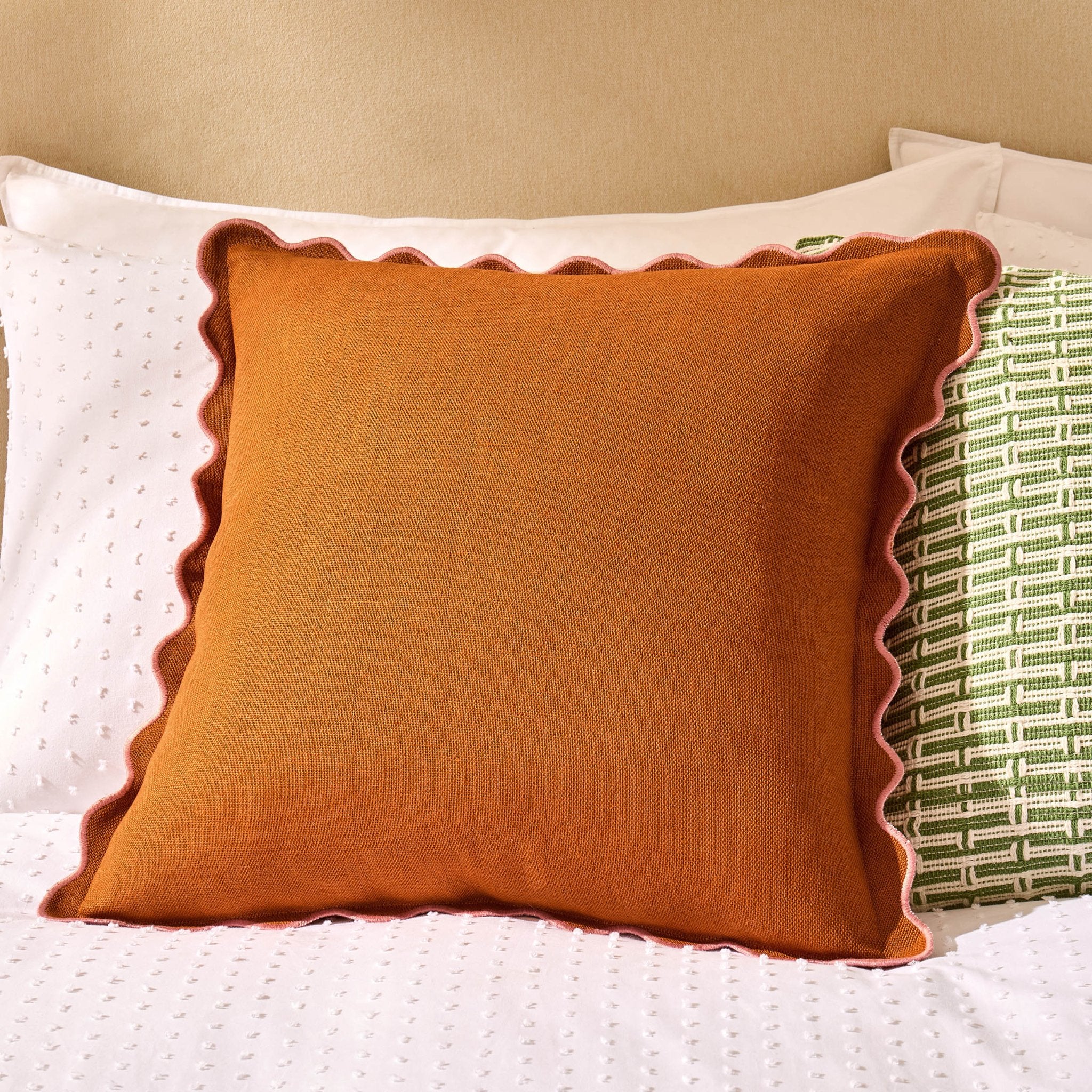 Linen Blend Scallop Edge Cushion Cover - Orange/Pink - Image 2