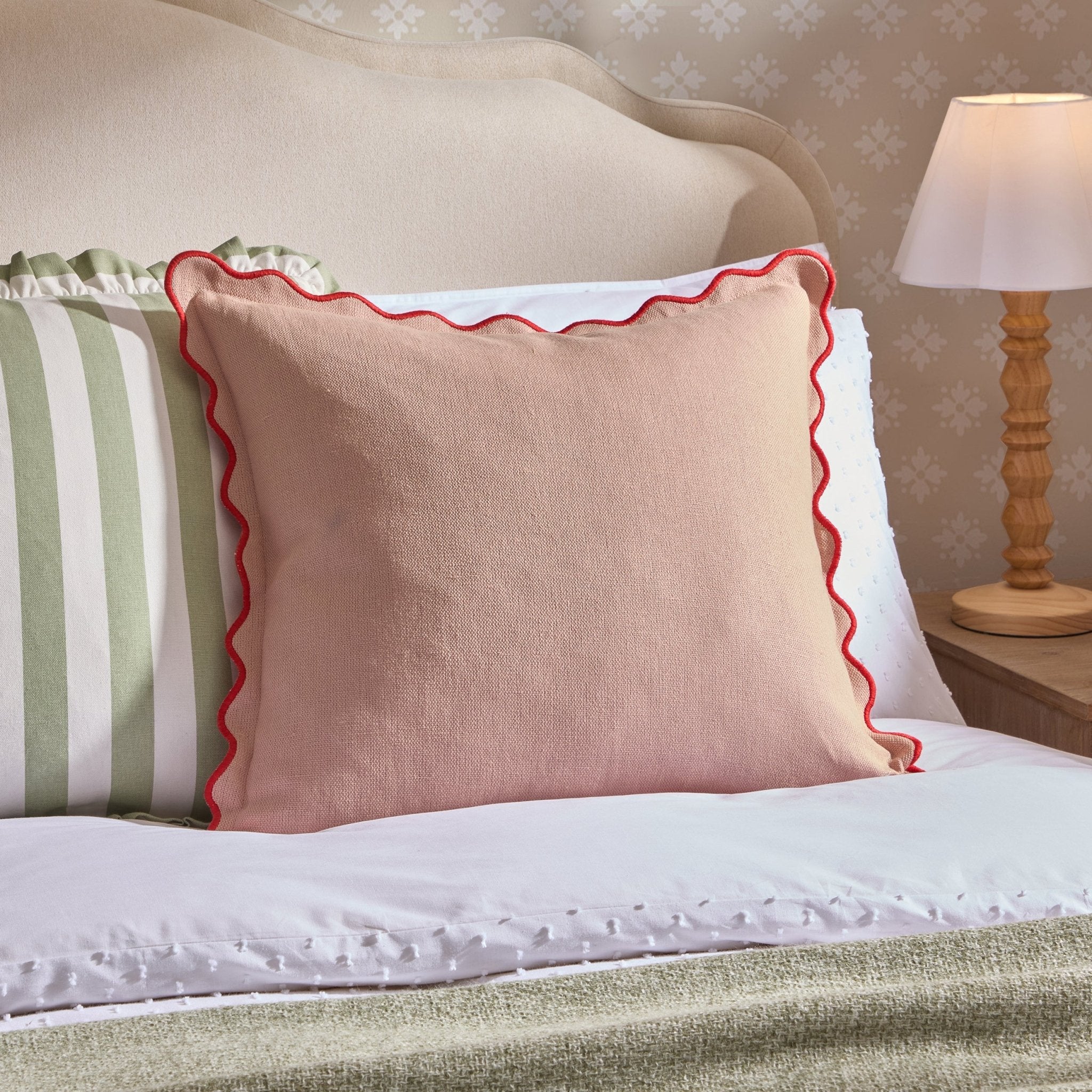 Linen Blend Scallop Edge Cushion Cover - Pink/ Red