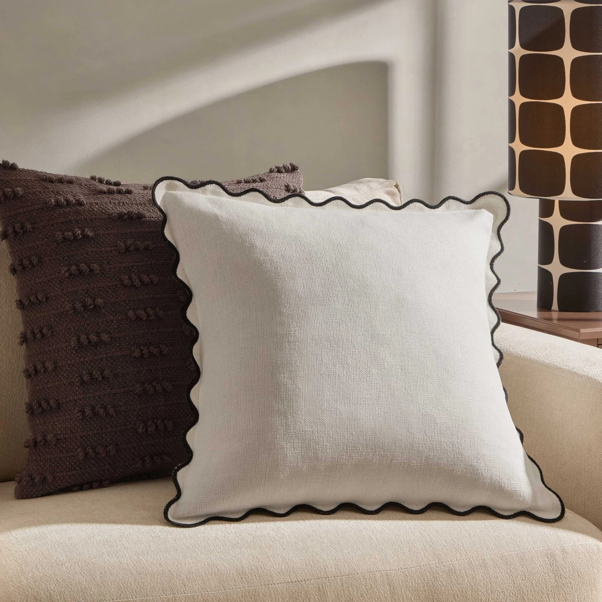 Linen Blend Scallop Edge Sofa Cushion Cover - Natural/Black