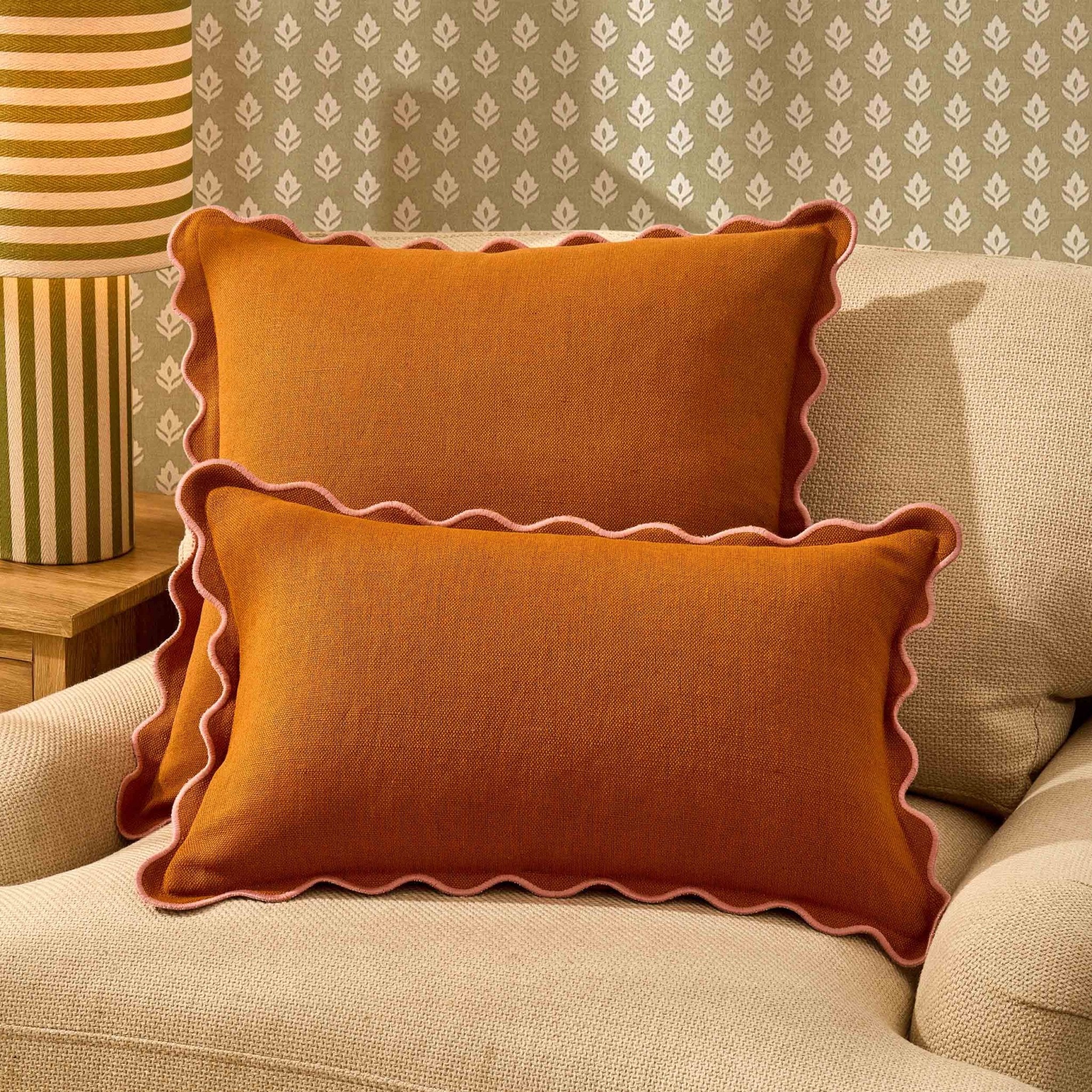 Linen Blend Scallop Edge Sofa Cushion Cover - Orange/Pink