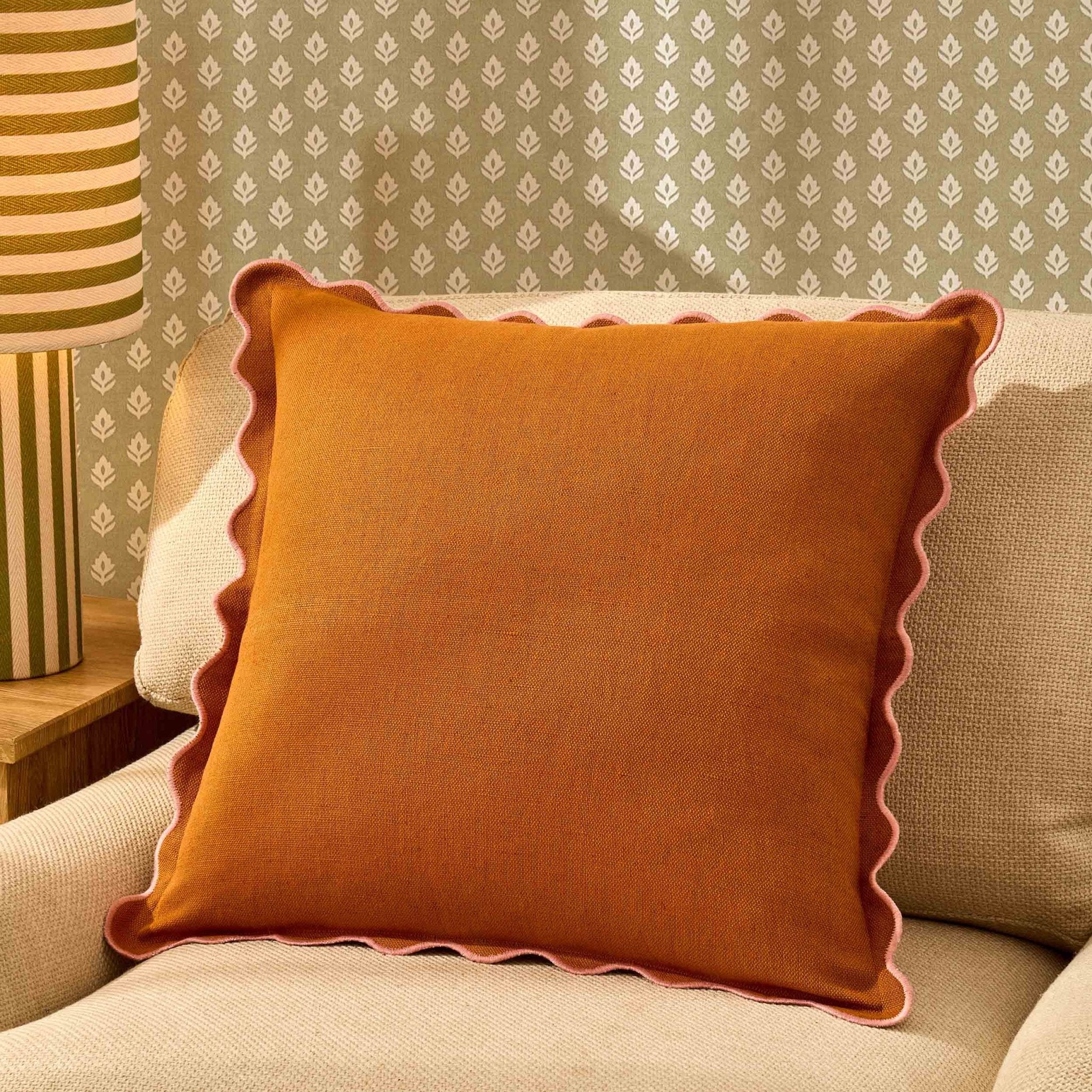 Linen Blend Scallop Edge Sofa Cushion Cover - Orange/Pink - Image 2