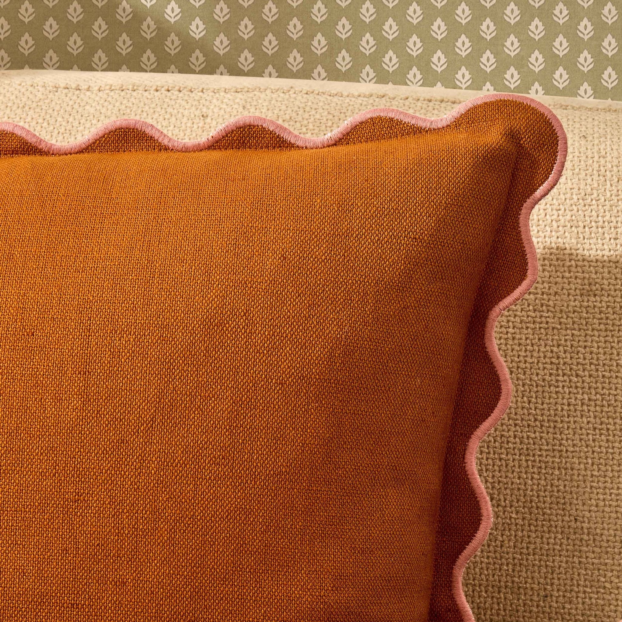 Linen Blend Scallop Edge Sofa Cushion Cover - Orange/Pink - Image 4