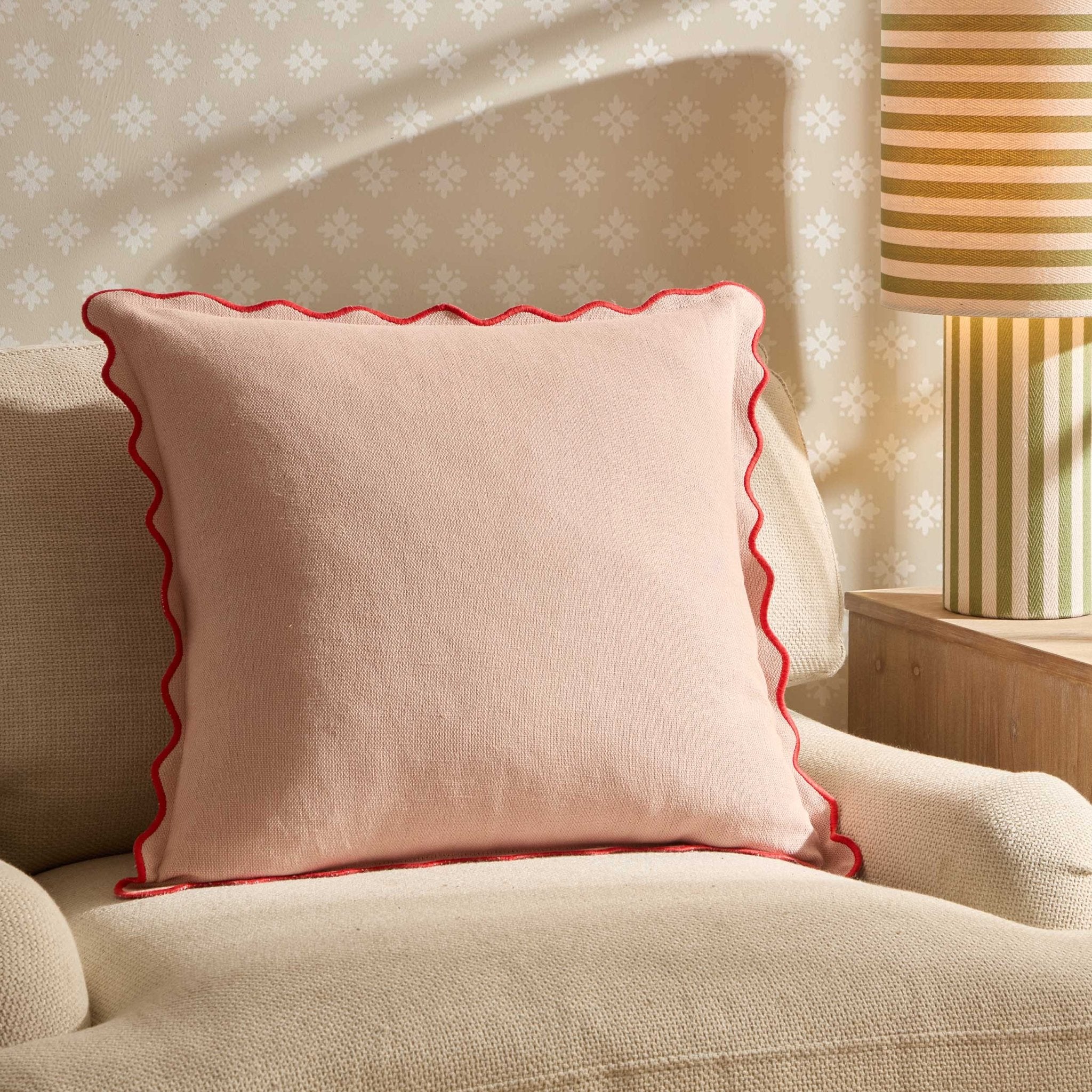 Linen Blend Scallop Edge Sofa Cushion Cover - Pink/ Red