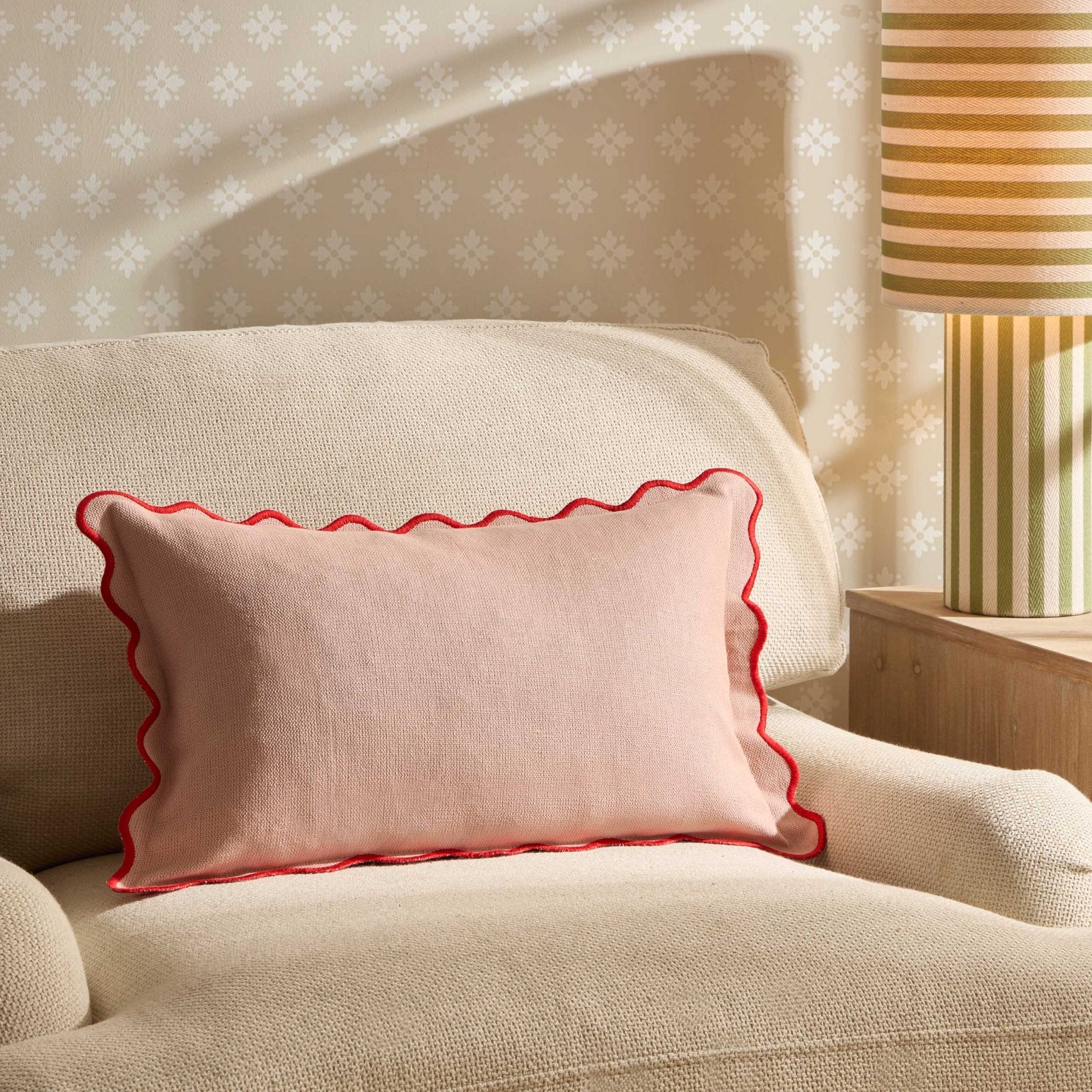 Linen Blend Scallop Edge Sofa Cushion Cover - Pink/ Red - Image 2