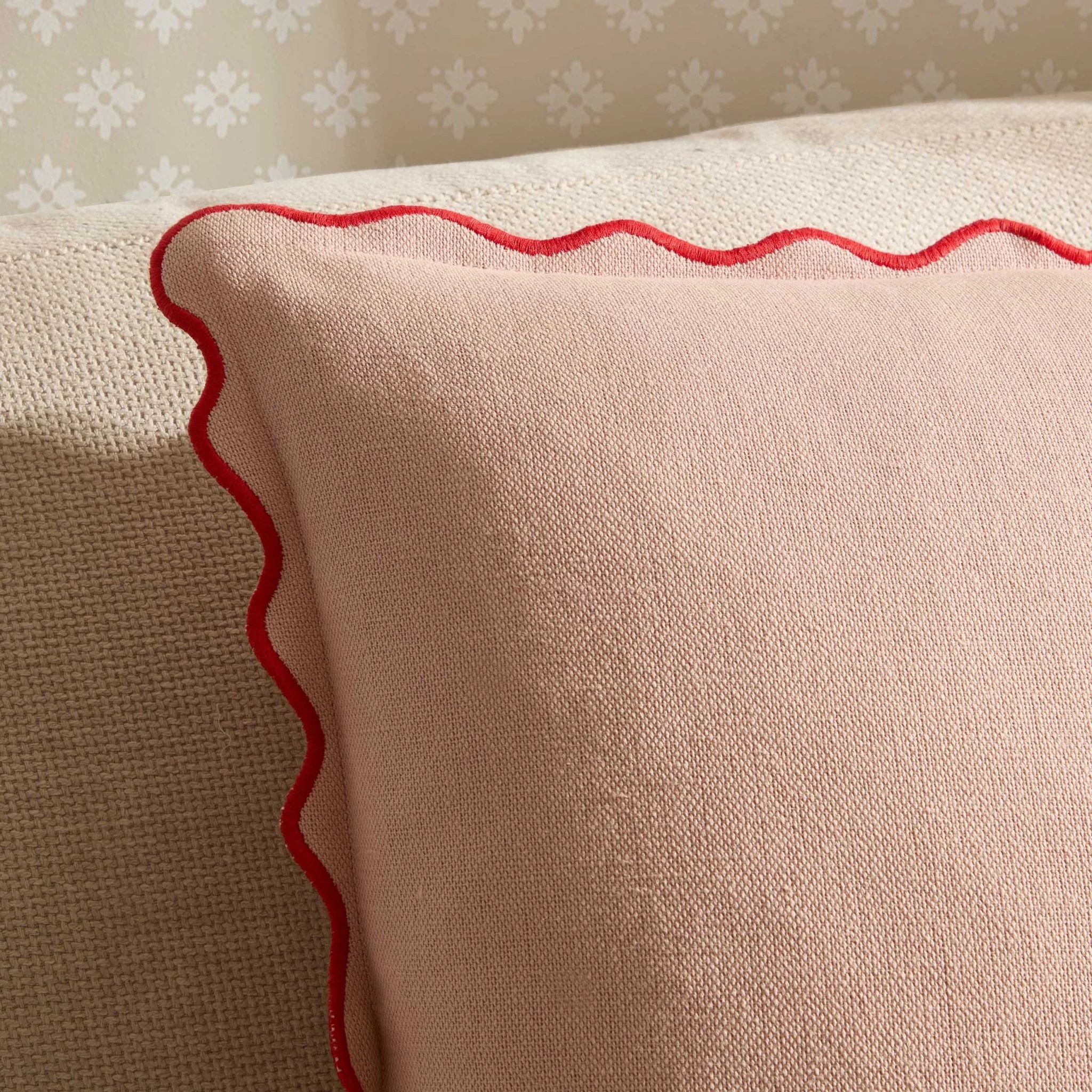 Linen Blend Scallop Edge Sofa Cushion Cover - Pink/ Red - Image 3