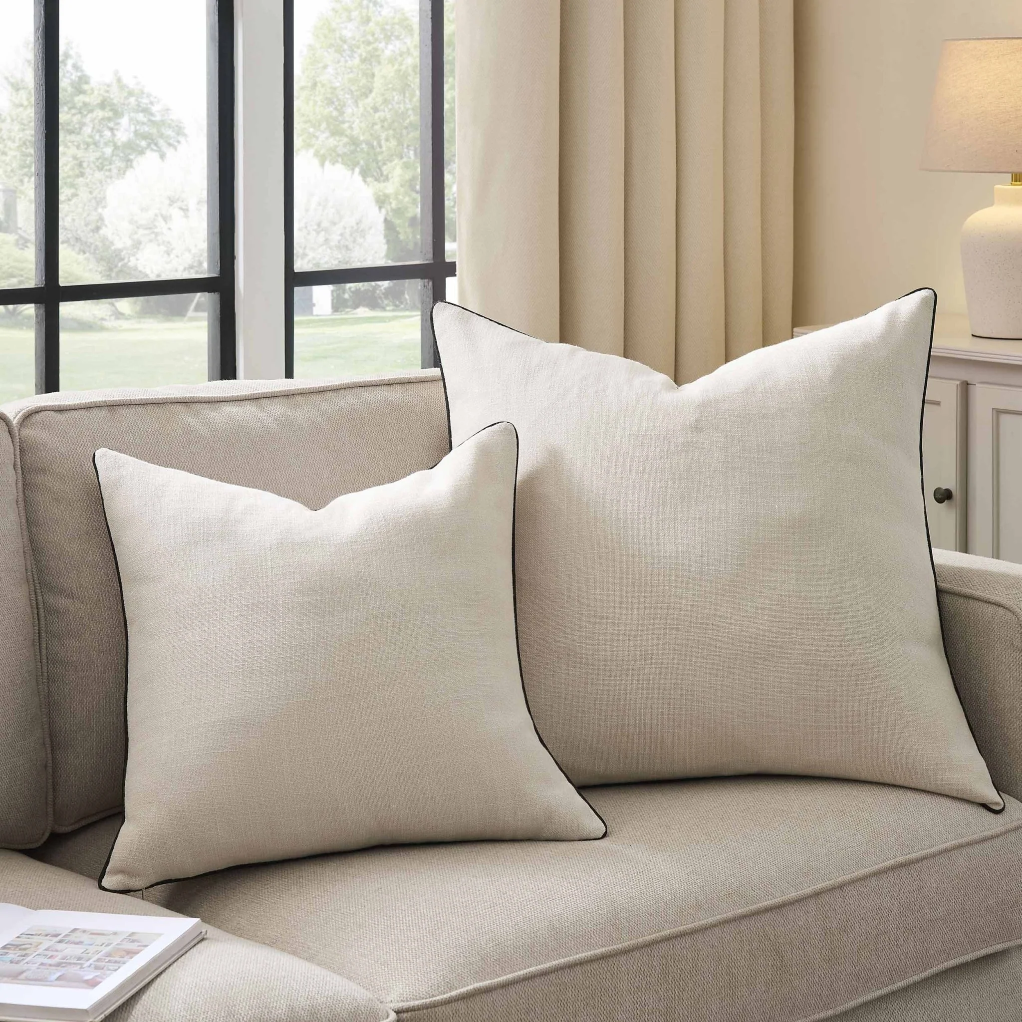 Linen Look Piped Edge Sofa Cushion Cover - Stone/Black
