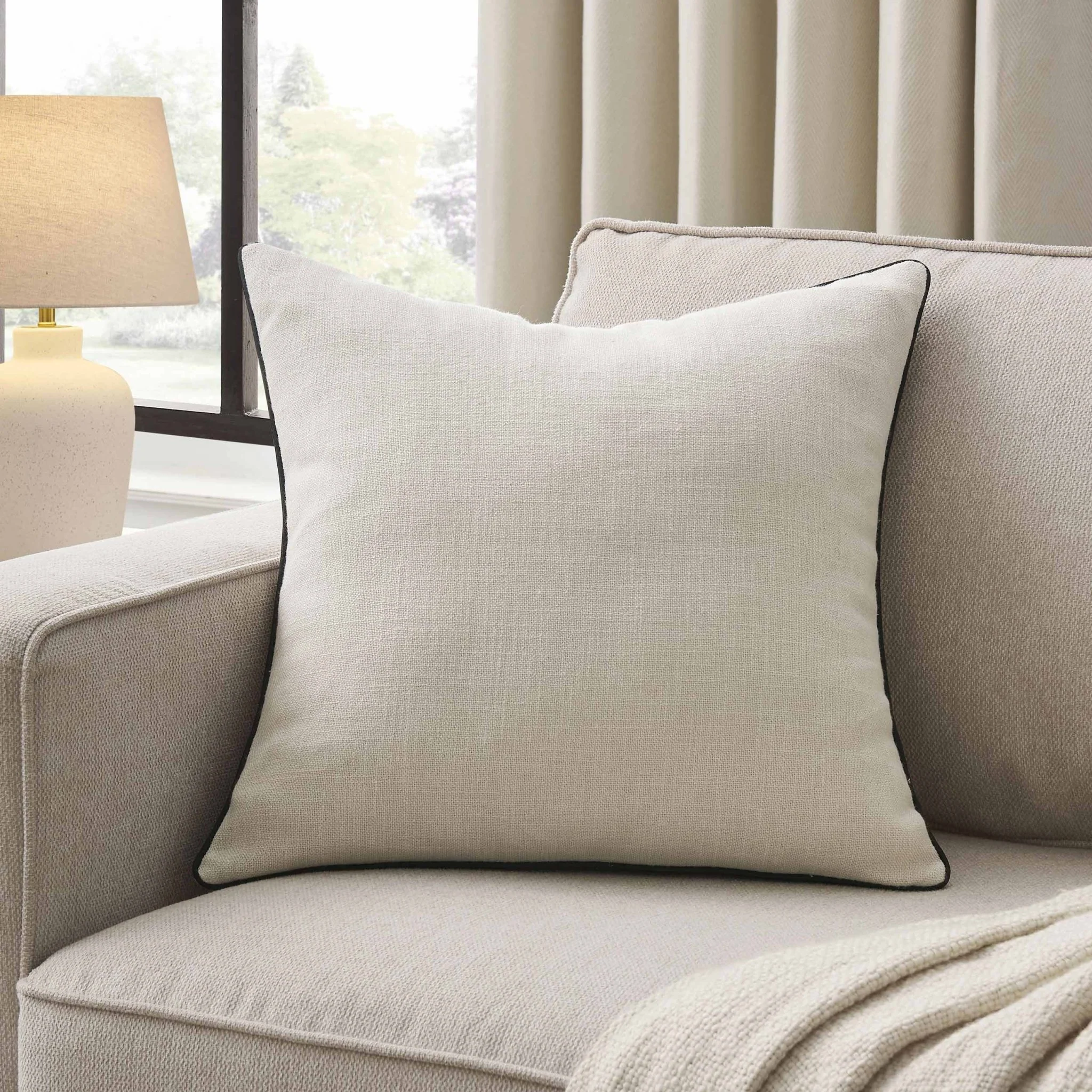 Linen Look Piped Edge Sofa Cushion Cover - Stone/Black - Image 2