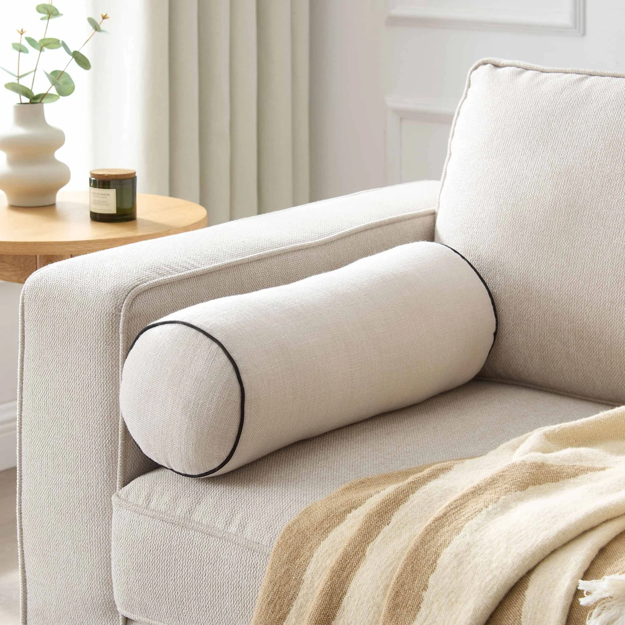 Linen Look Piped Edge Sofa Cushion Cover - Stone/Black - Image 3